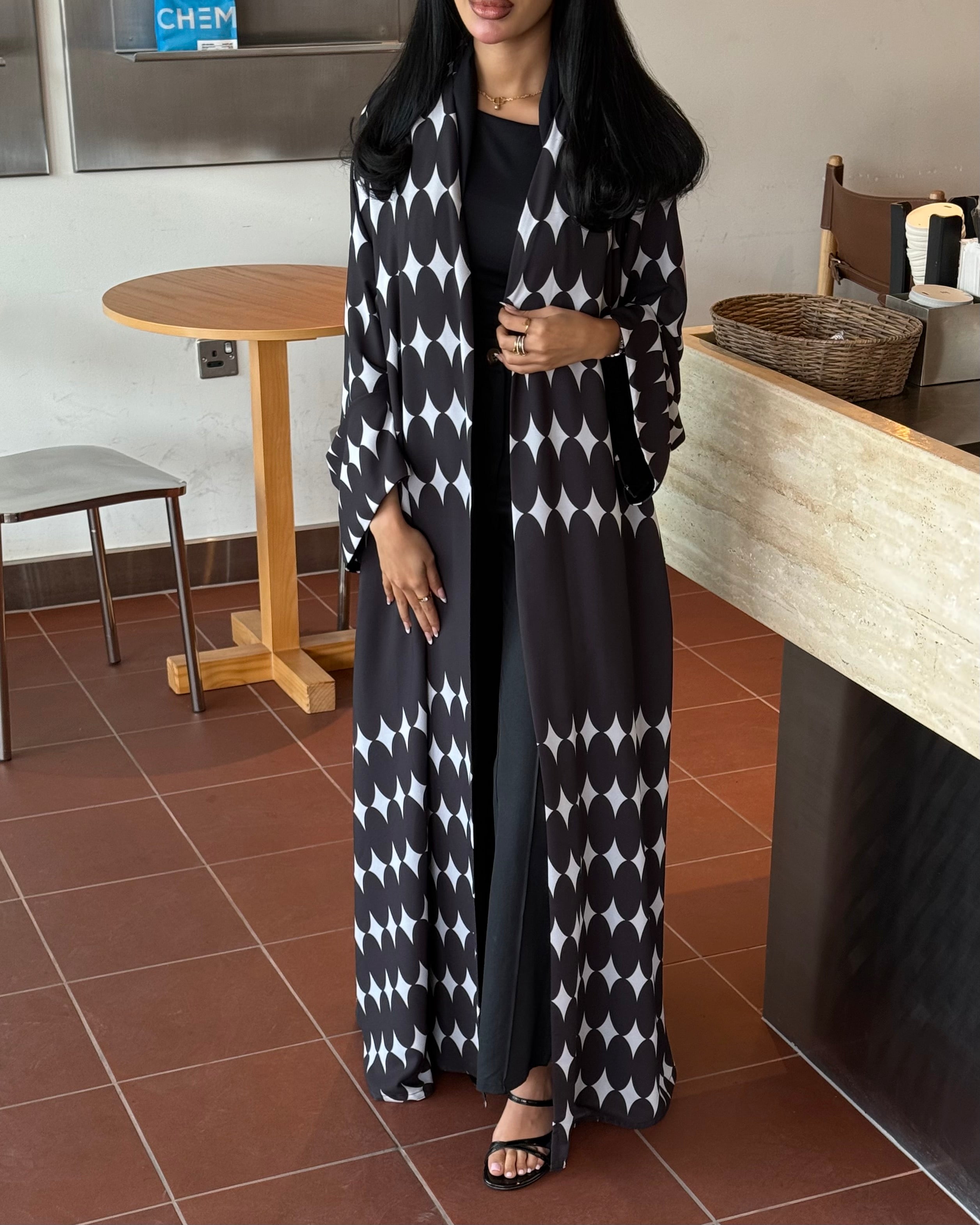 FAB334-White & Black Diamond Print Straight-Cut Abaya with Matching Headscarf