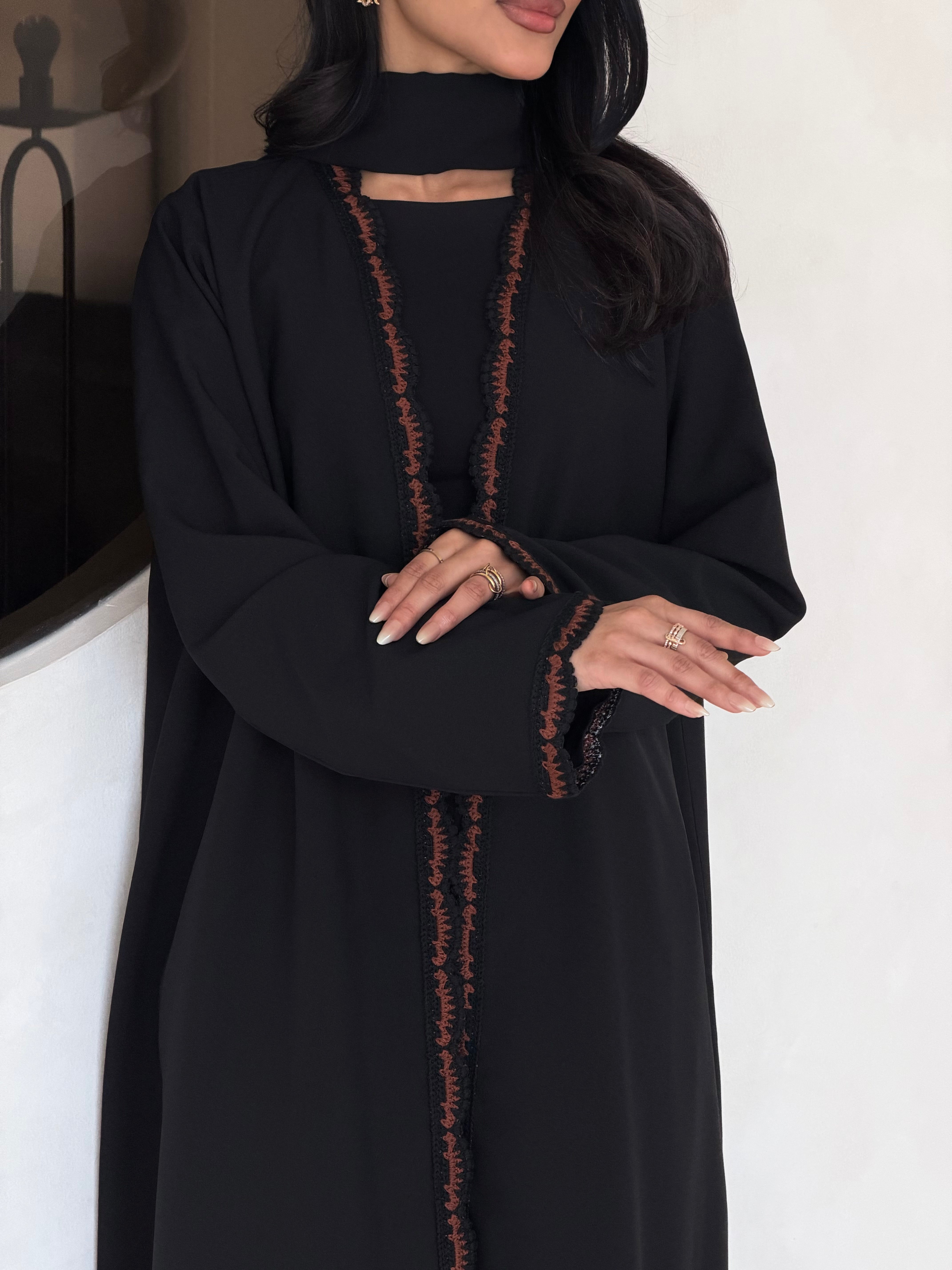 FAB349- Brown Crochet Black Crepe Klosh-Cut Abaya with Headscarf