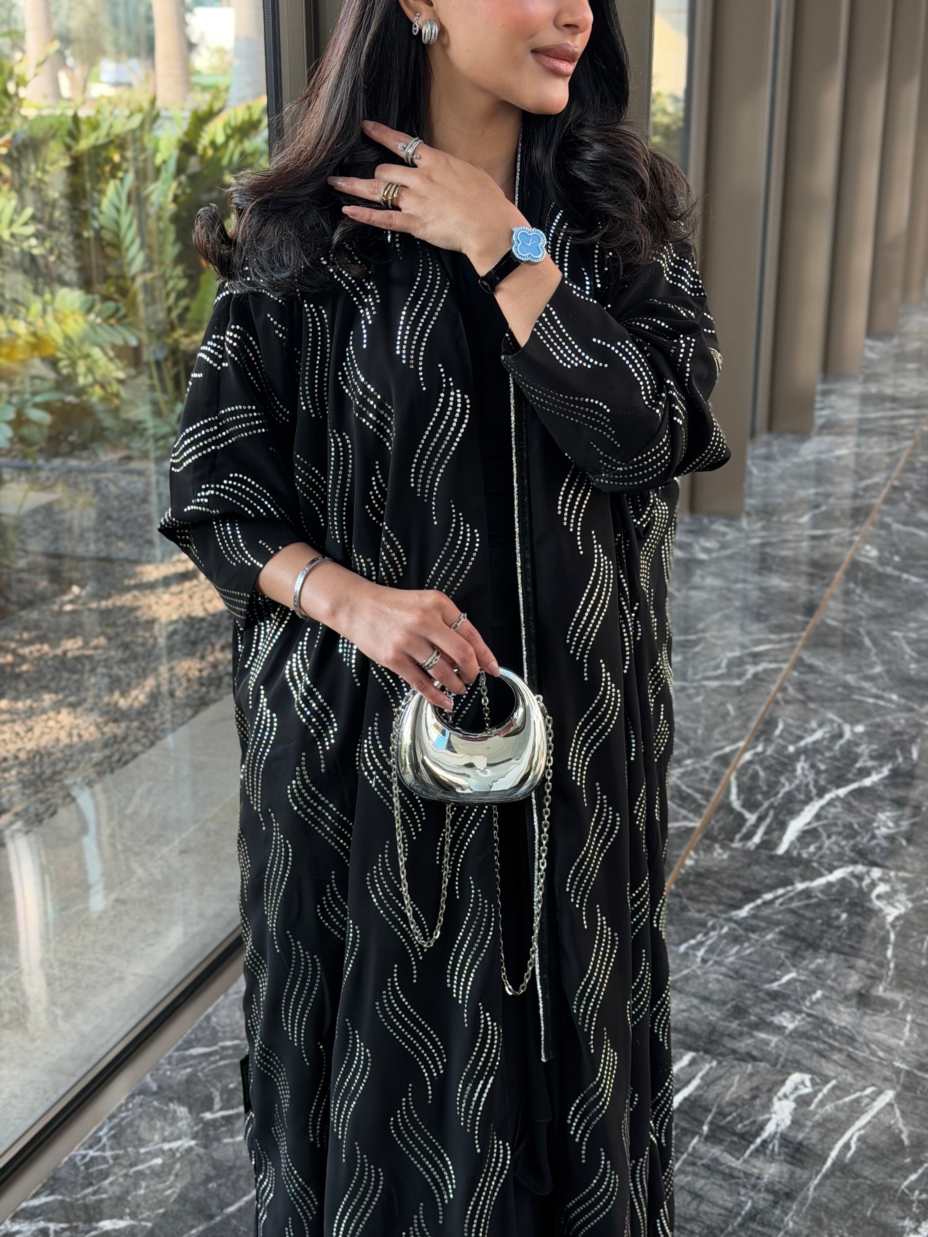 FAB339 – Elegant Black Chiffon Abaya with Silver Naqda Embroidery, Half-Bisht Cut & Matching Headscarf