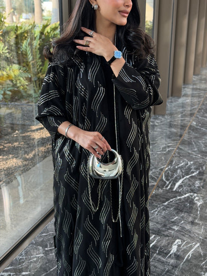 FAB339 – Elegant Black Chiffon Abaya with Silver Naqda Embroidery, Half-Bisht Cut & Matching Headscarf