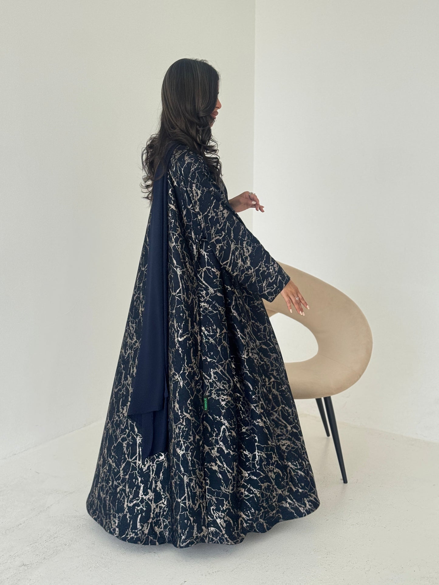 FAB207-Elegant Navy Blue Metallic Crepe Silk A-Cut Abaya with headscarf