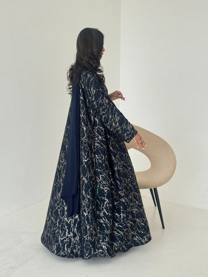 FAB207-Navy Blue Metallic Crepe Silk A-Cut Abaya with headscarf