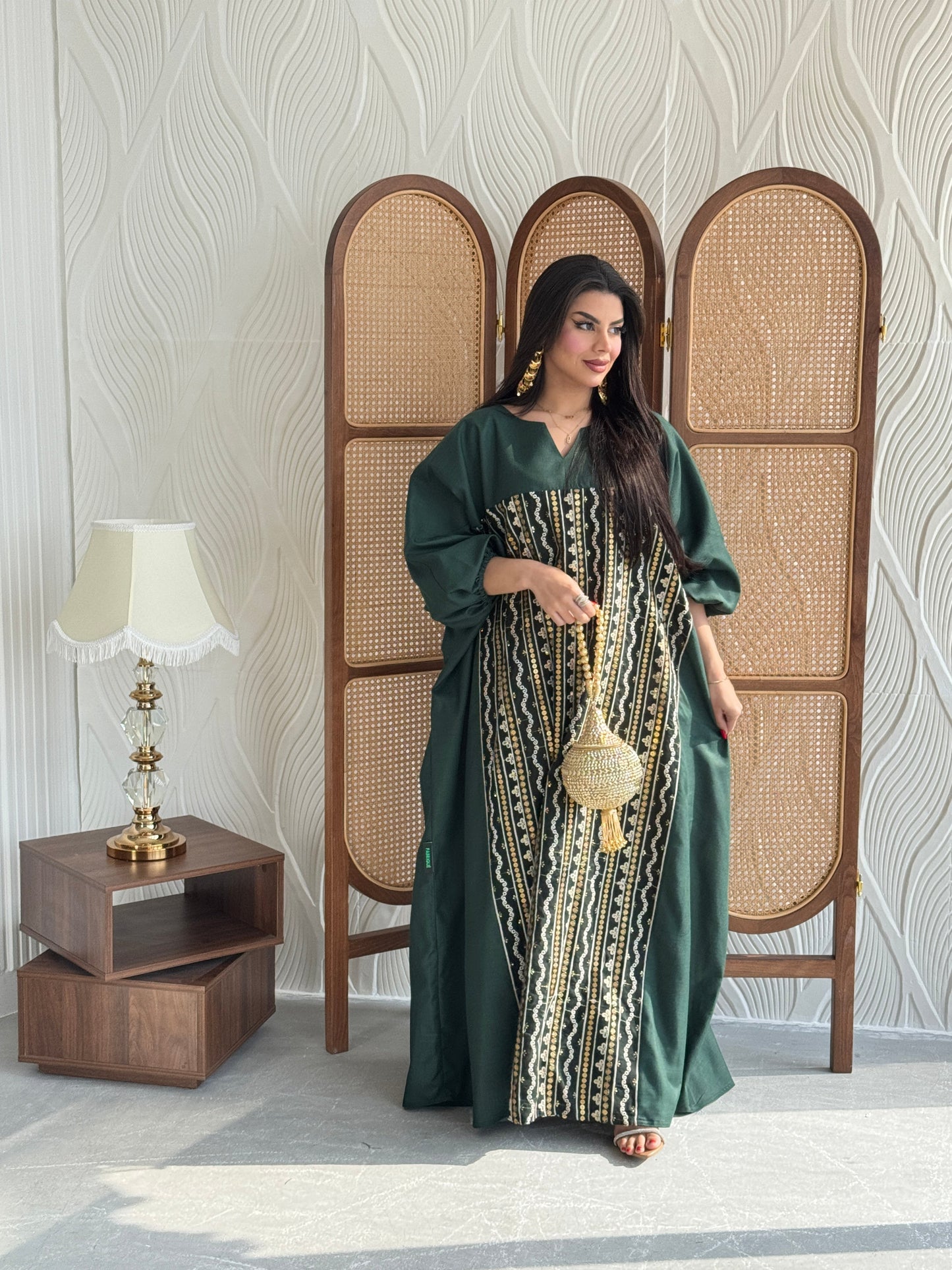 FAB266- Green free-size linen jalabiya with elegant gold embroidery