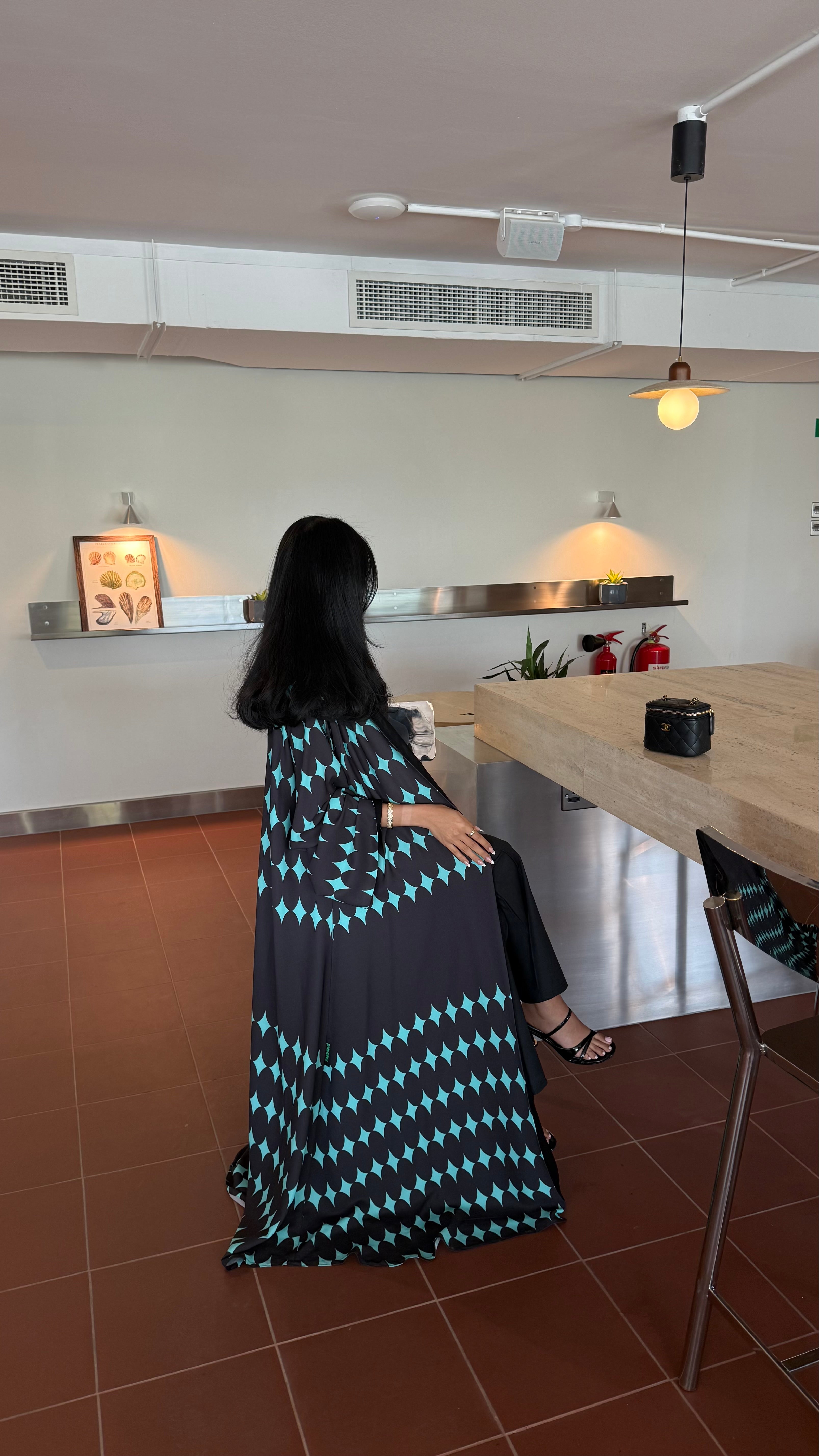 FAB333-Turquoise & Black Diamond Print Straight-Cut Abaya with Matching Headscarf