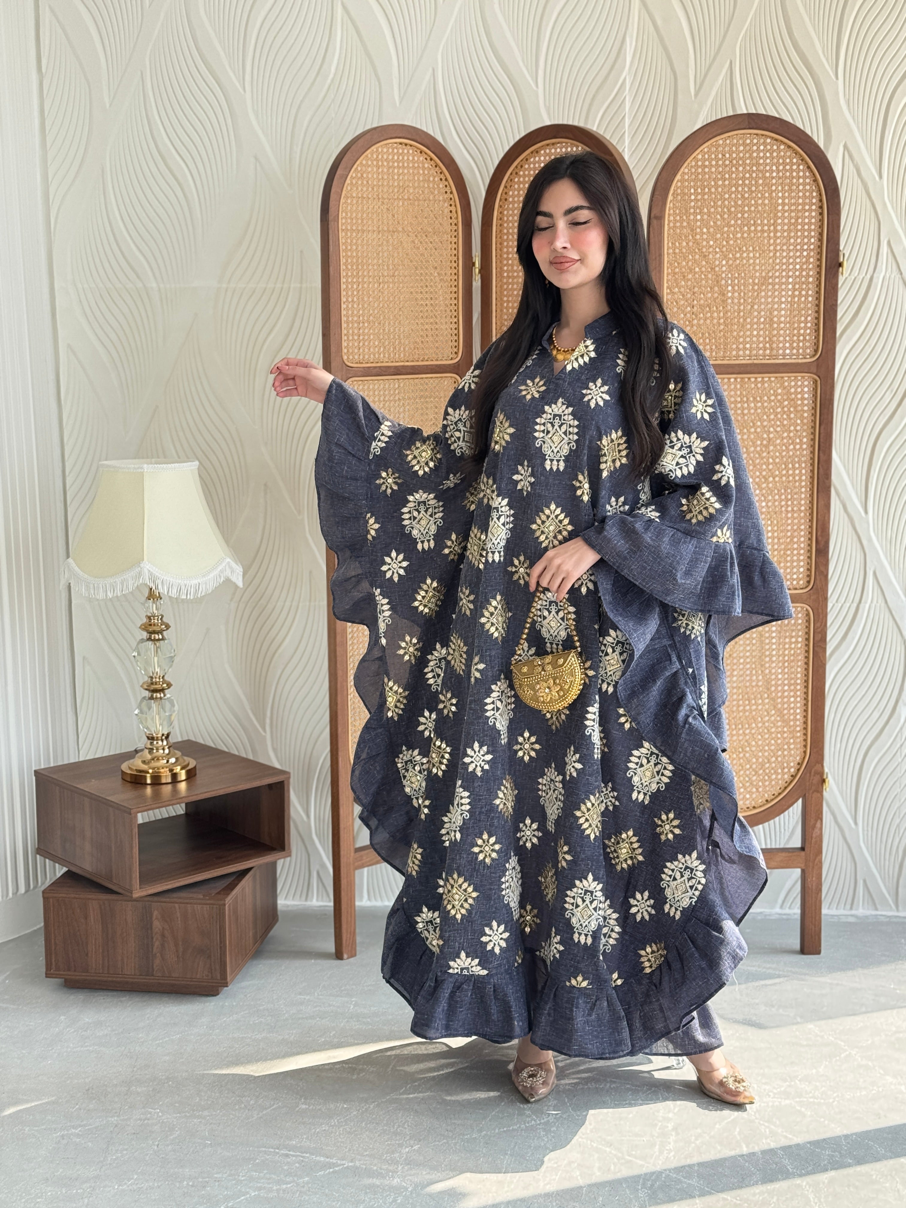 FAB271-Grey Linen Embroidered Butterfly-Cut Jalabiya with Ruffled Sleeves