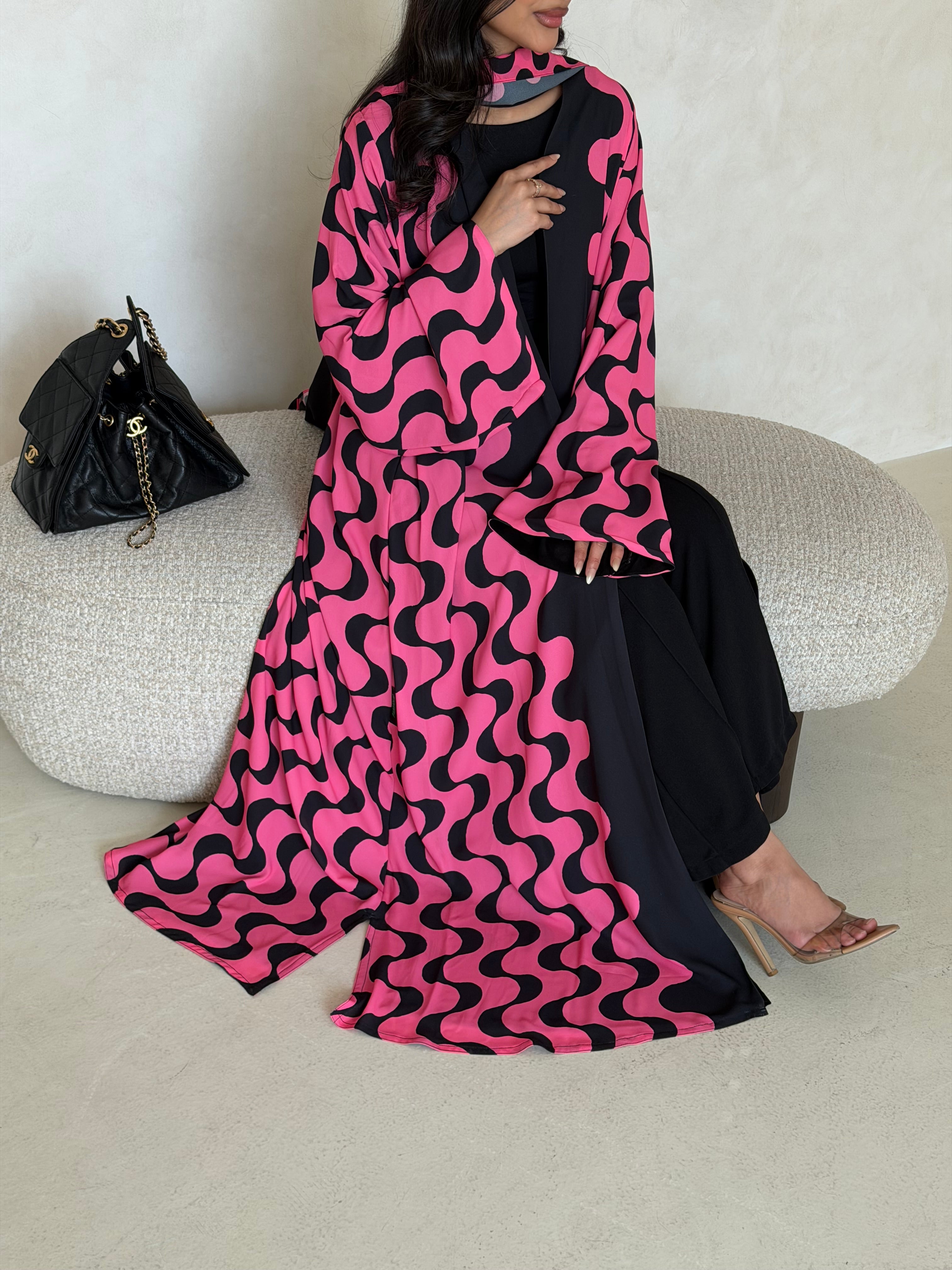 FAB342-Barbie Pink and Black Waves Printed Straight-Cut Abaya and matching headscarf