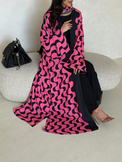 FAB342-Barbie Pink and Black Waves Printed Straight-Cut Abaya and matching headscarf