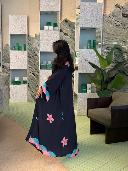 FAB324-Black Pink and Green Floral Print abaya and headscarf- Straight Cut