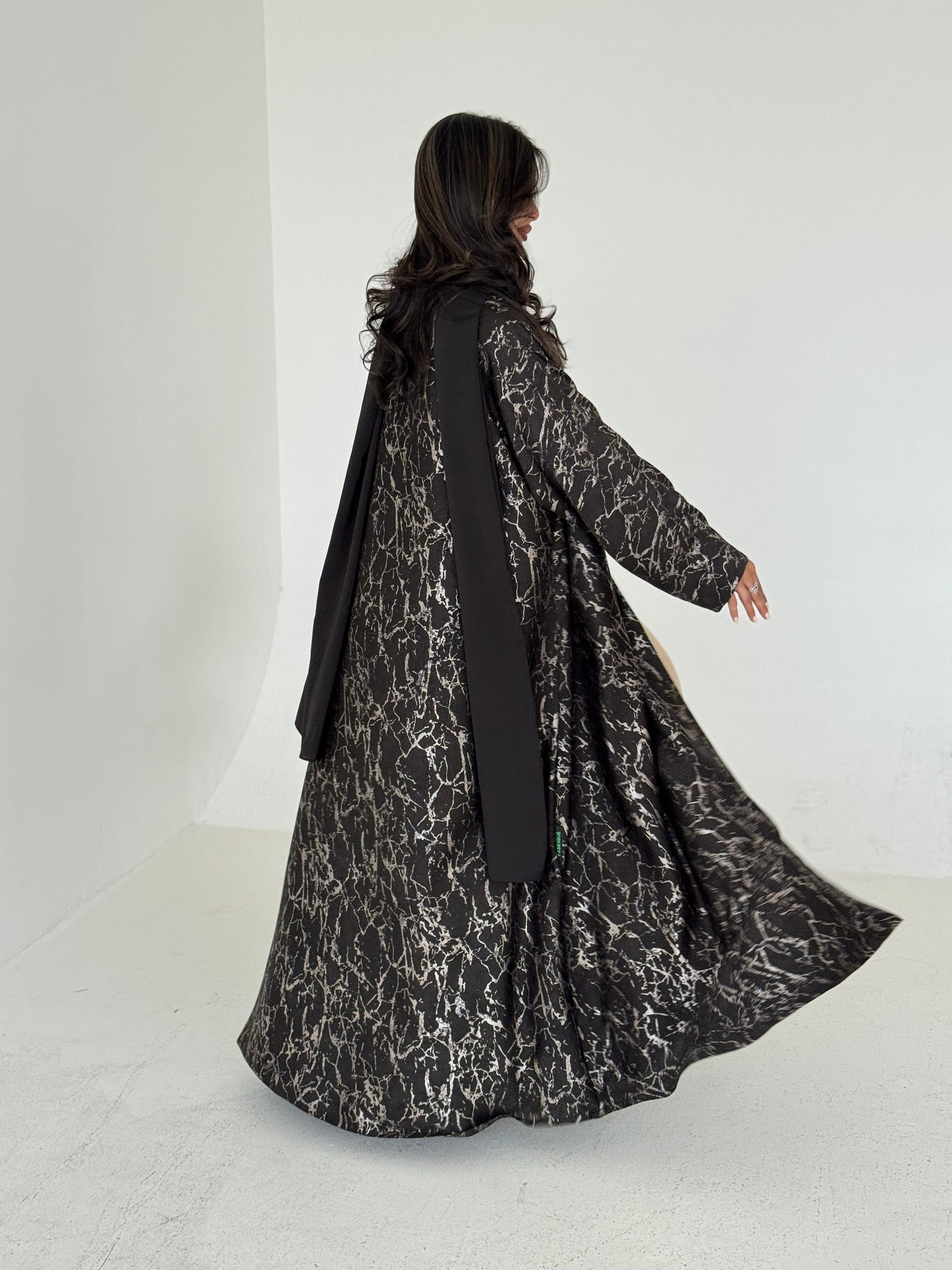 FAB208-Elegant Olive Grey Metallic Crepe Silk A-Cut Abaya with headscarf