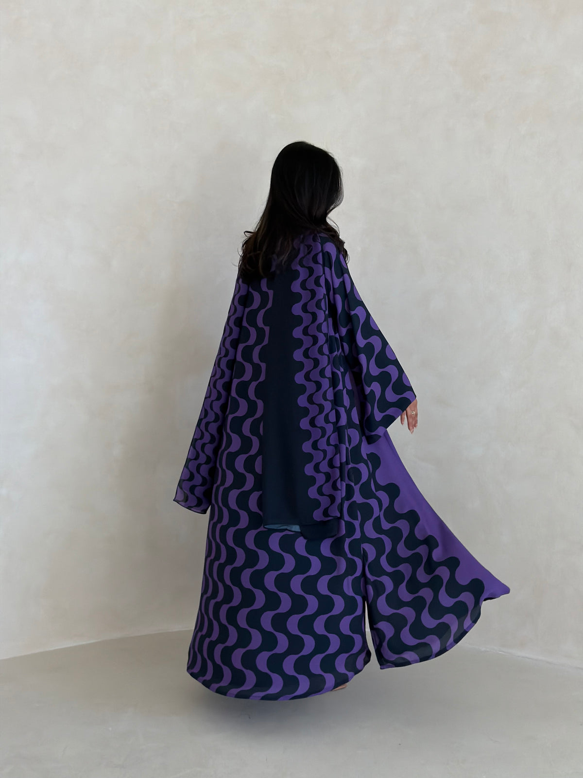 FAB345- Purple Blue Waves Printed Straight-Cut Abaya and matching headscarf