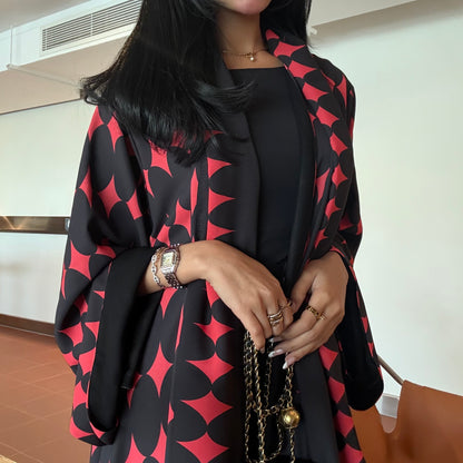 FAB335-Red & Black Diamond Print Straight-Cut Abaya with Matching Headscarf