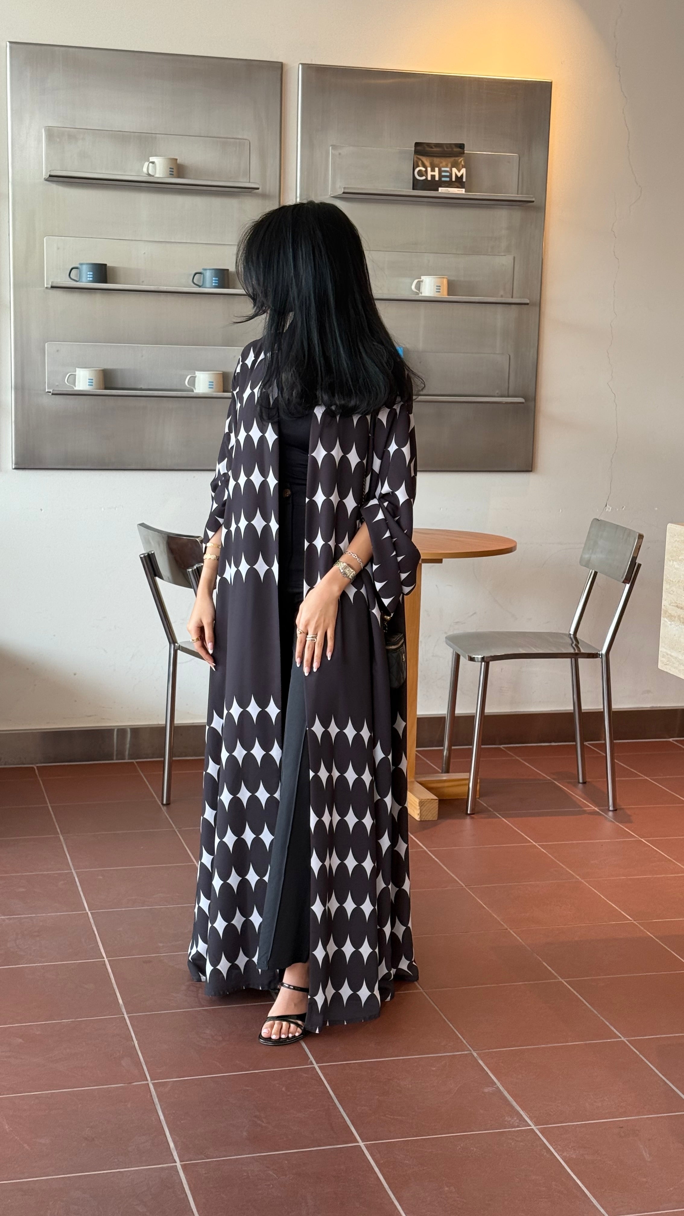FAB334-White & Black Diamond Print Straight-Cut Abaya with Matching Headscarf