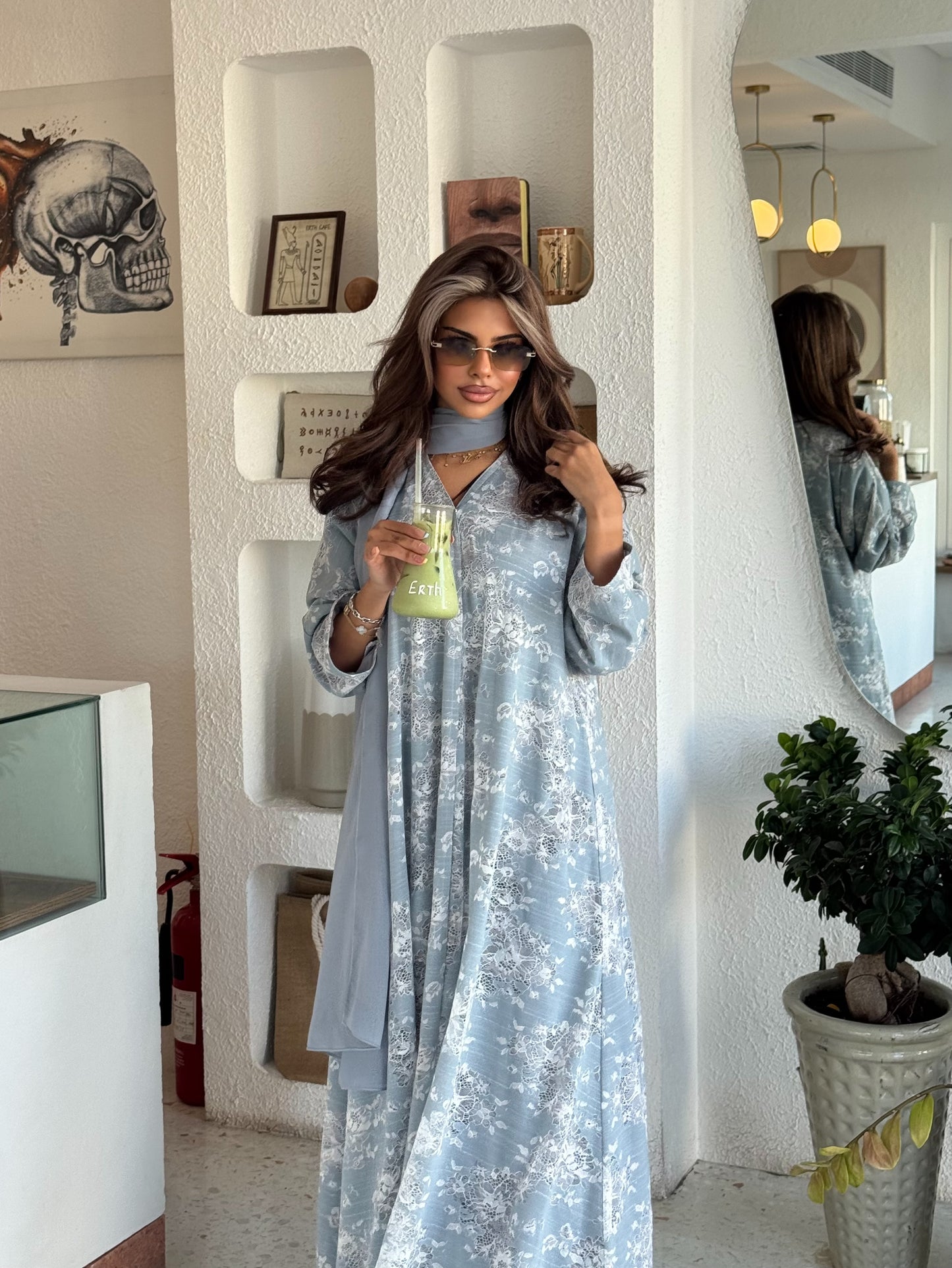 FAB301- White and Blue Lace and Linen Summer A-Cut Abaya