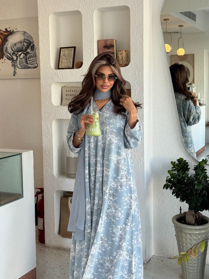 FAB301- White and Blue Lace and Linen Summer A-Cut Abaya