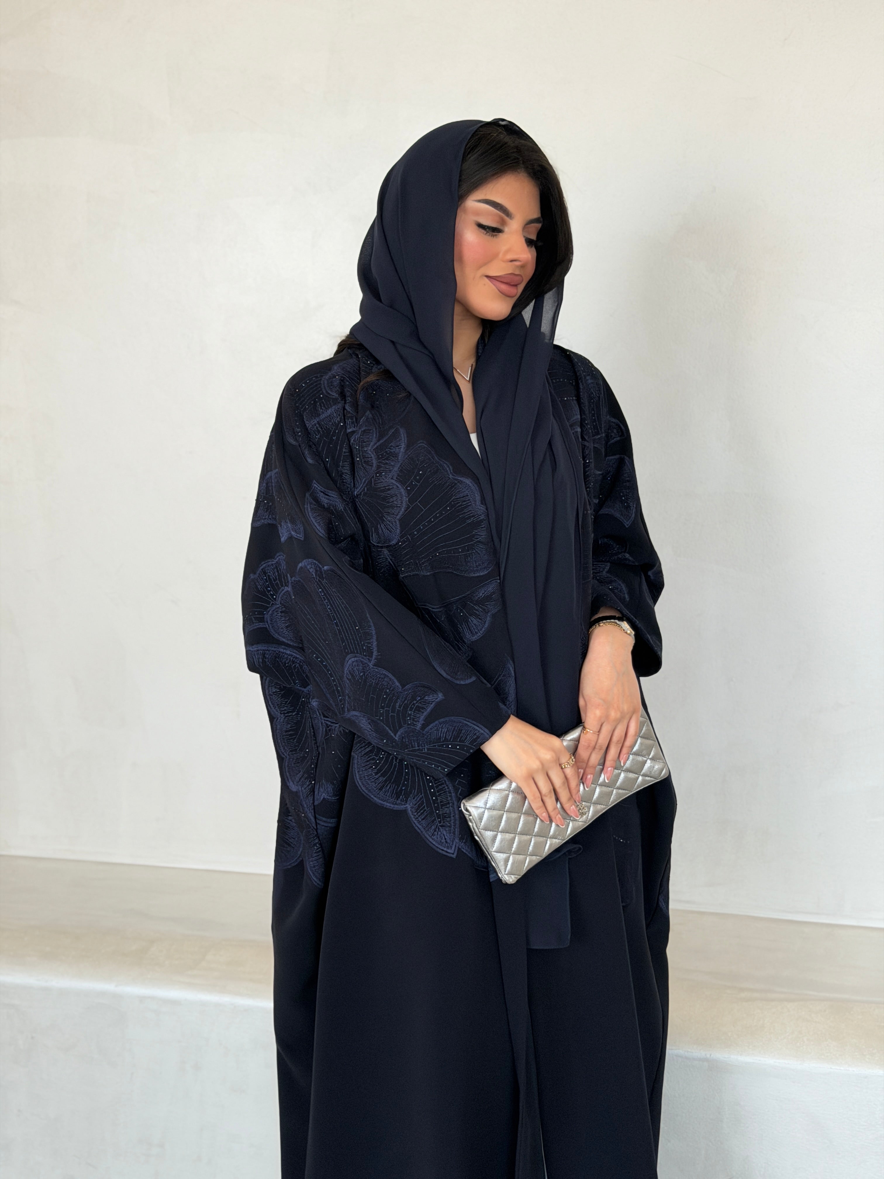 FAB298- Navy Blue Crystal Embroidered Half Bisht Cut Crepe Abaya