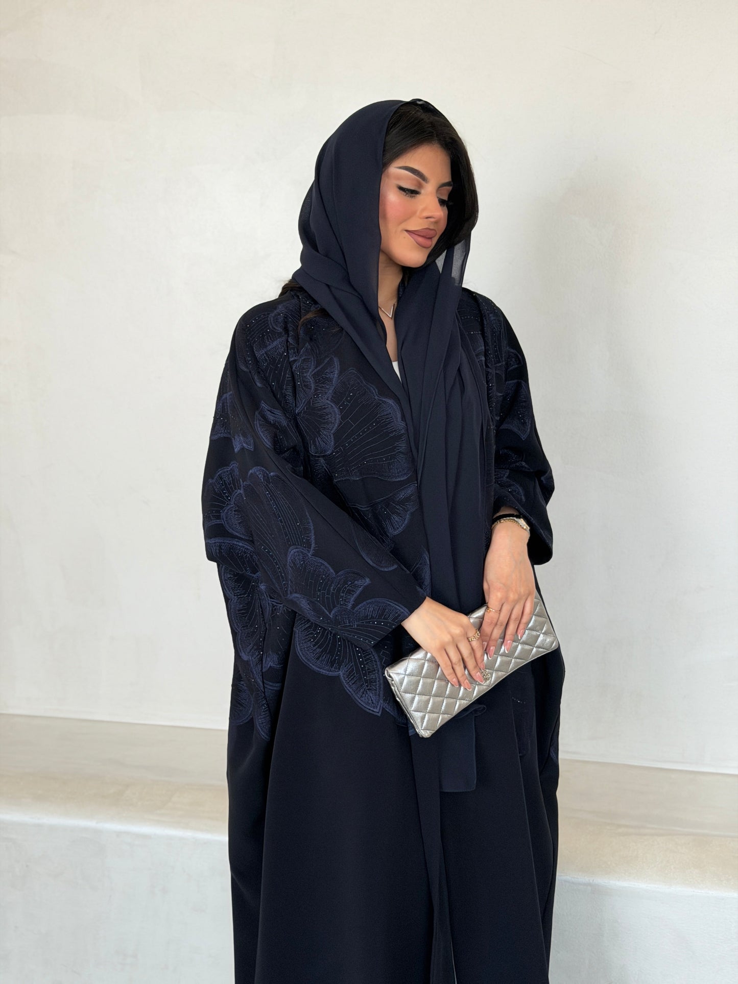 FAB298- Navy Blue Crystal Embroidered Half Bisht Cut Crepe Abaya