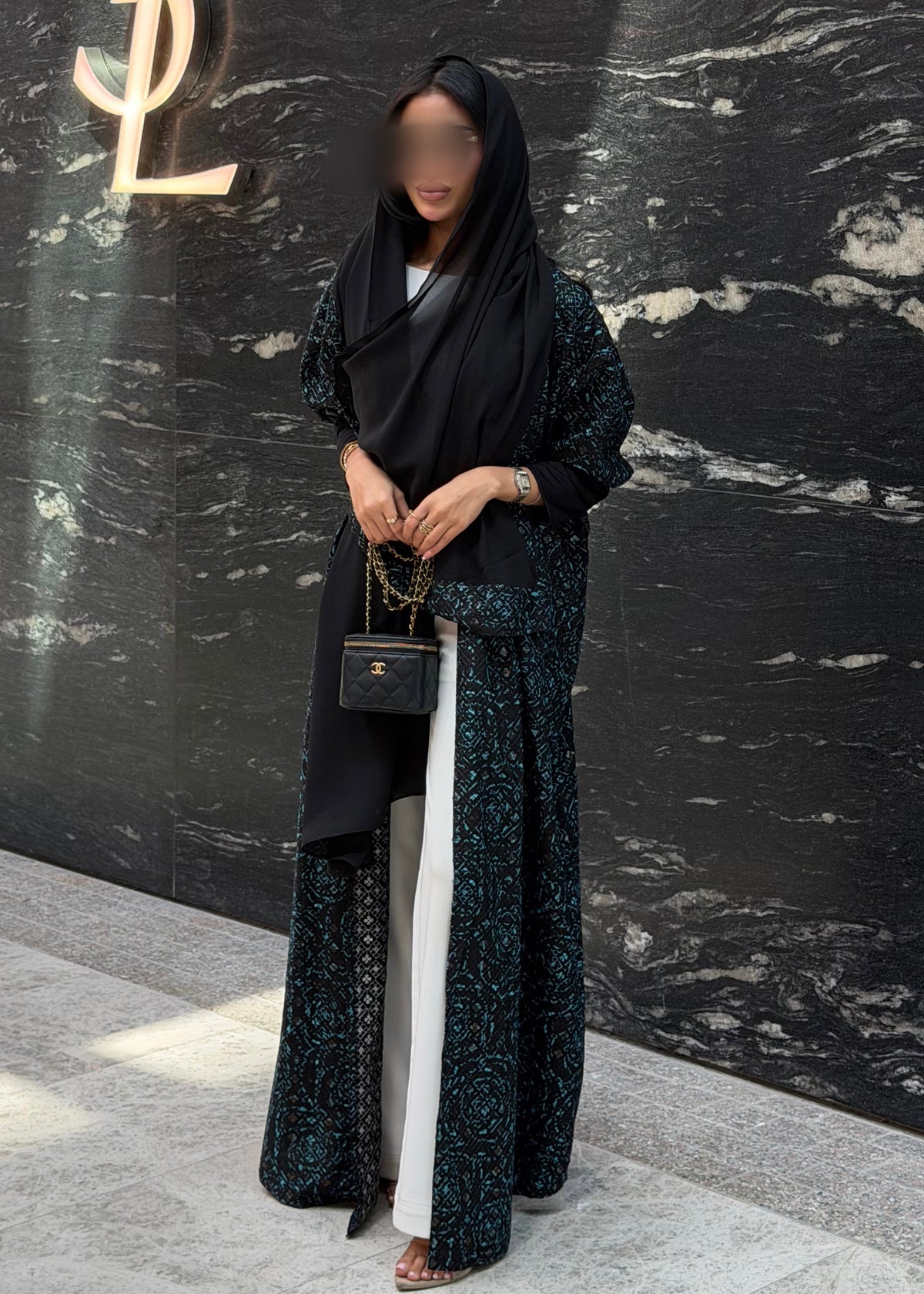 FAB341-Black Green Embroidery Half-Bisht Cut Abaya with Fitted Black Stretch Sleeves and matching headscarf