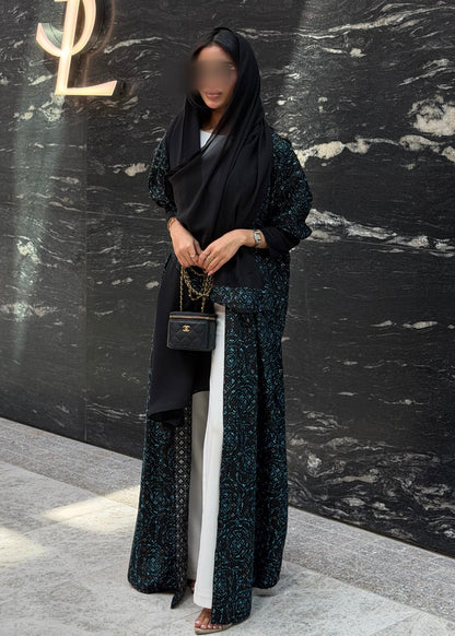 FAB341-Black Green Embroidery Half-Bisht Cut Abaya with Fitted Black Stretch Sleeves and matching headscarf