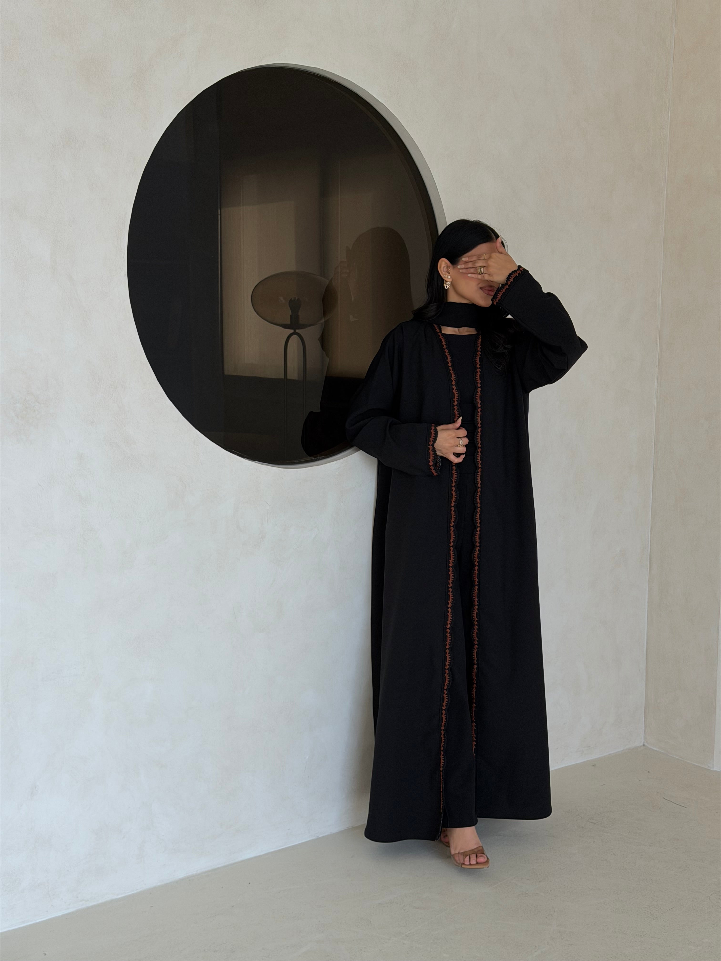 FAB349- Brown Crochet Black Crepe Klosh-Cut Abaya with Headscarf