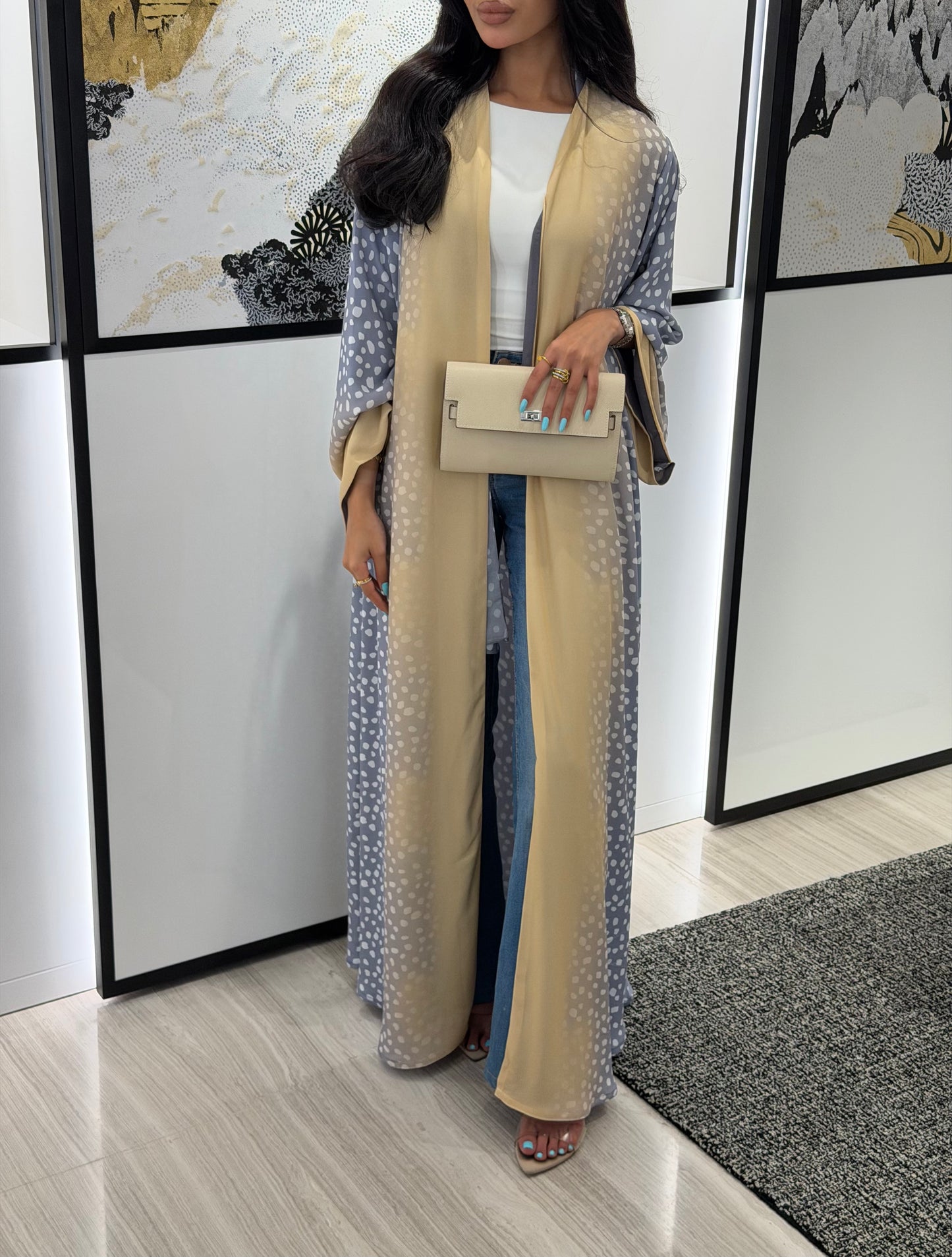 FAB322- Ghazal A-Cut Printed Abaya Set in Grey and Yellow color