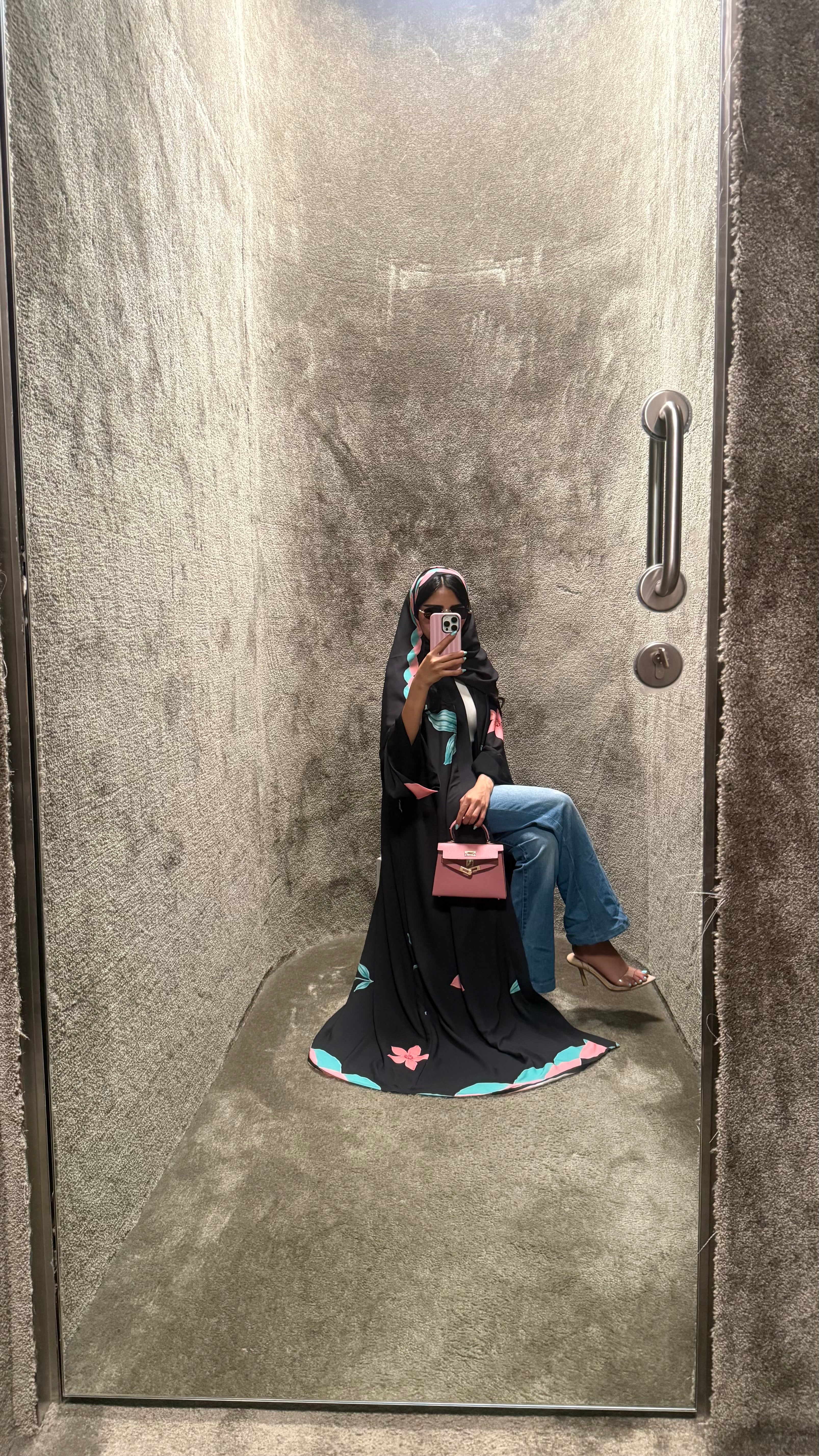 FAB324-Black Pink and Green Floral Print abaya and headscarf- Straight Cut