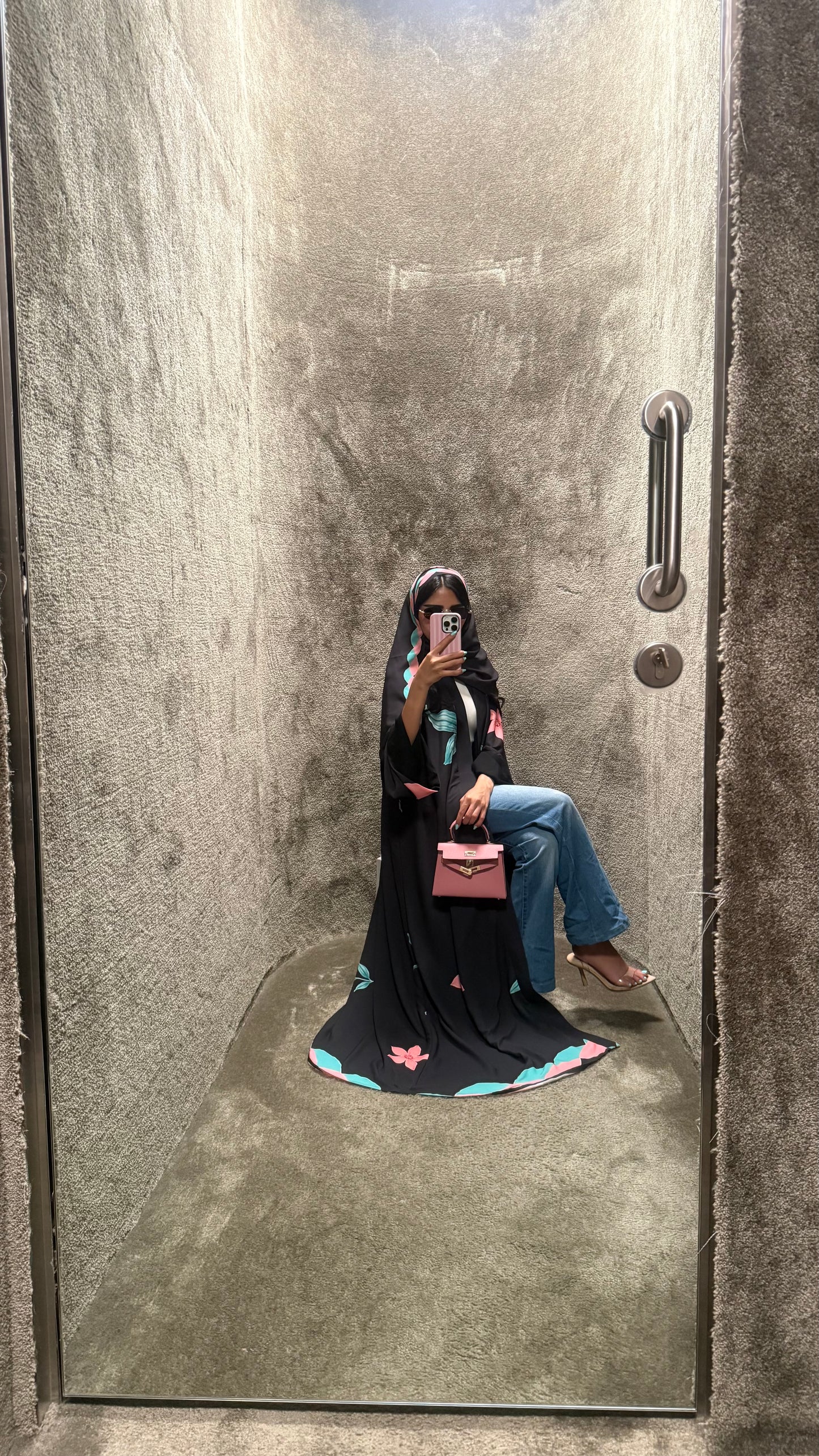 FAB324-Black Pink and Green Floral Print abaya and headscarf- Straight Cut