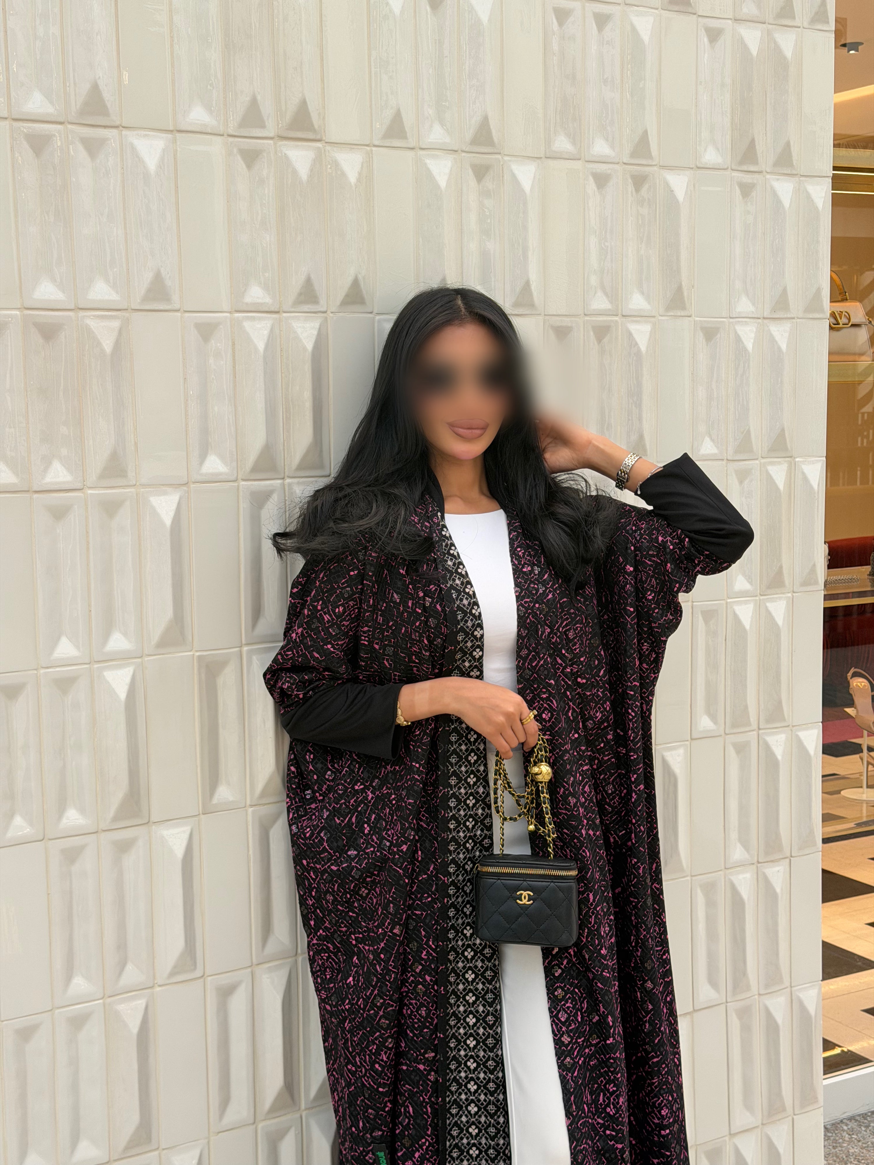 FAB339-Black Pink Embroidery Half-Bisht Cut Abaya with Fitted Black Stretch Sleeves
and matching headscarf
