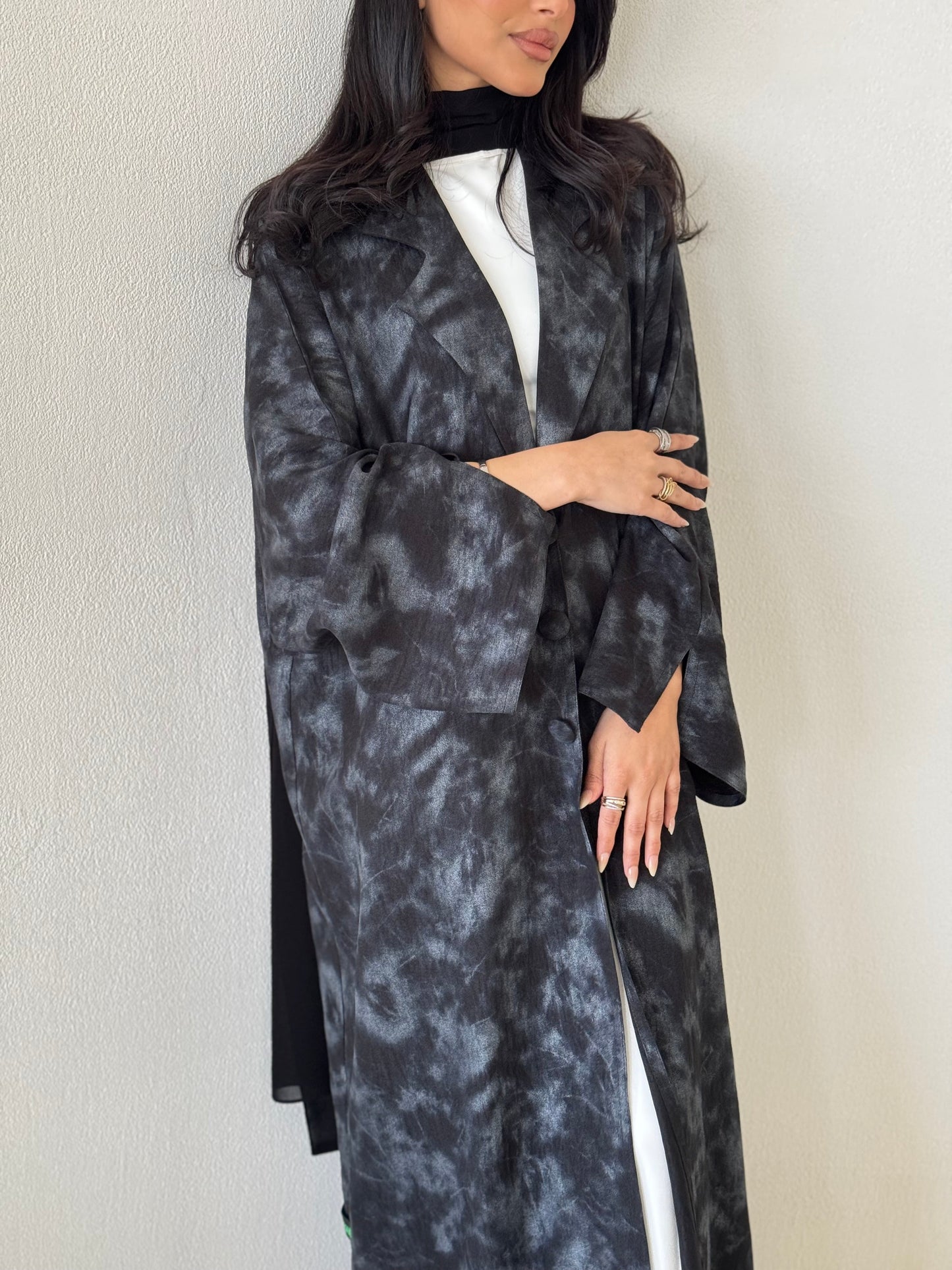 FAB178- Black Silver Tie-dye Blazer Cut Abaya