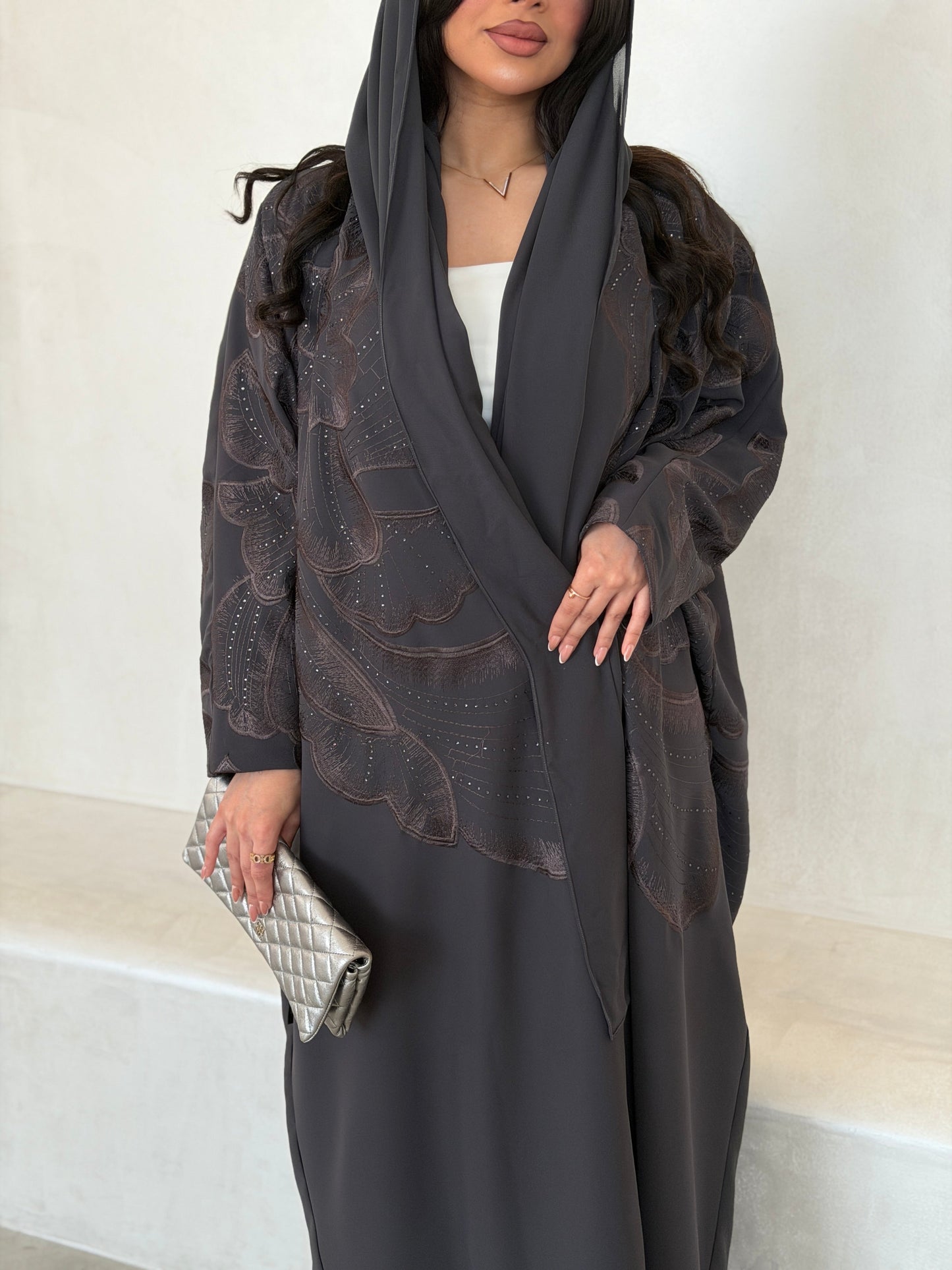 FAB296- Grey Crystal Embroidered Half Bisht Cut Crepe Abaya