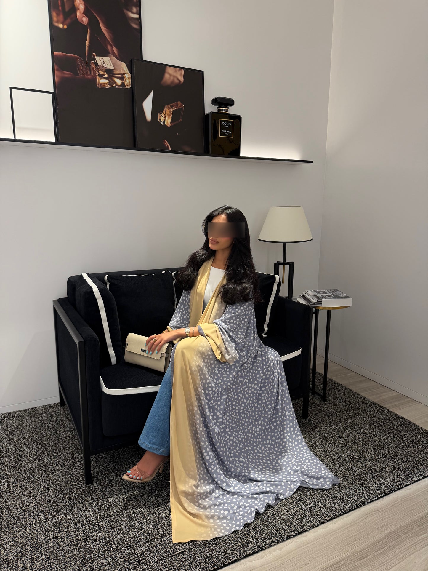 FAB322- Ghazal A-Cut Printed Abaya Set in Grey and Yellow color