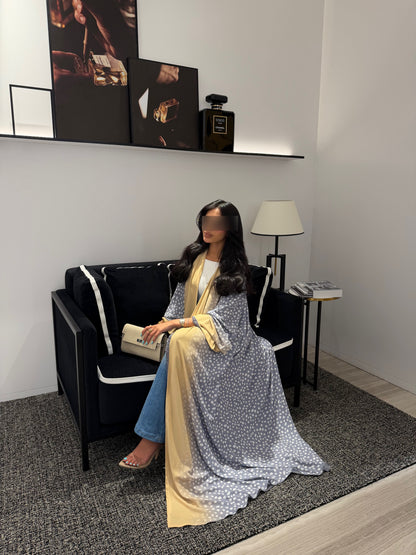 FAB322- Ghazal A-Cut Printed Abaya Set in Grey and Yellow color