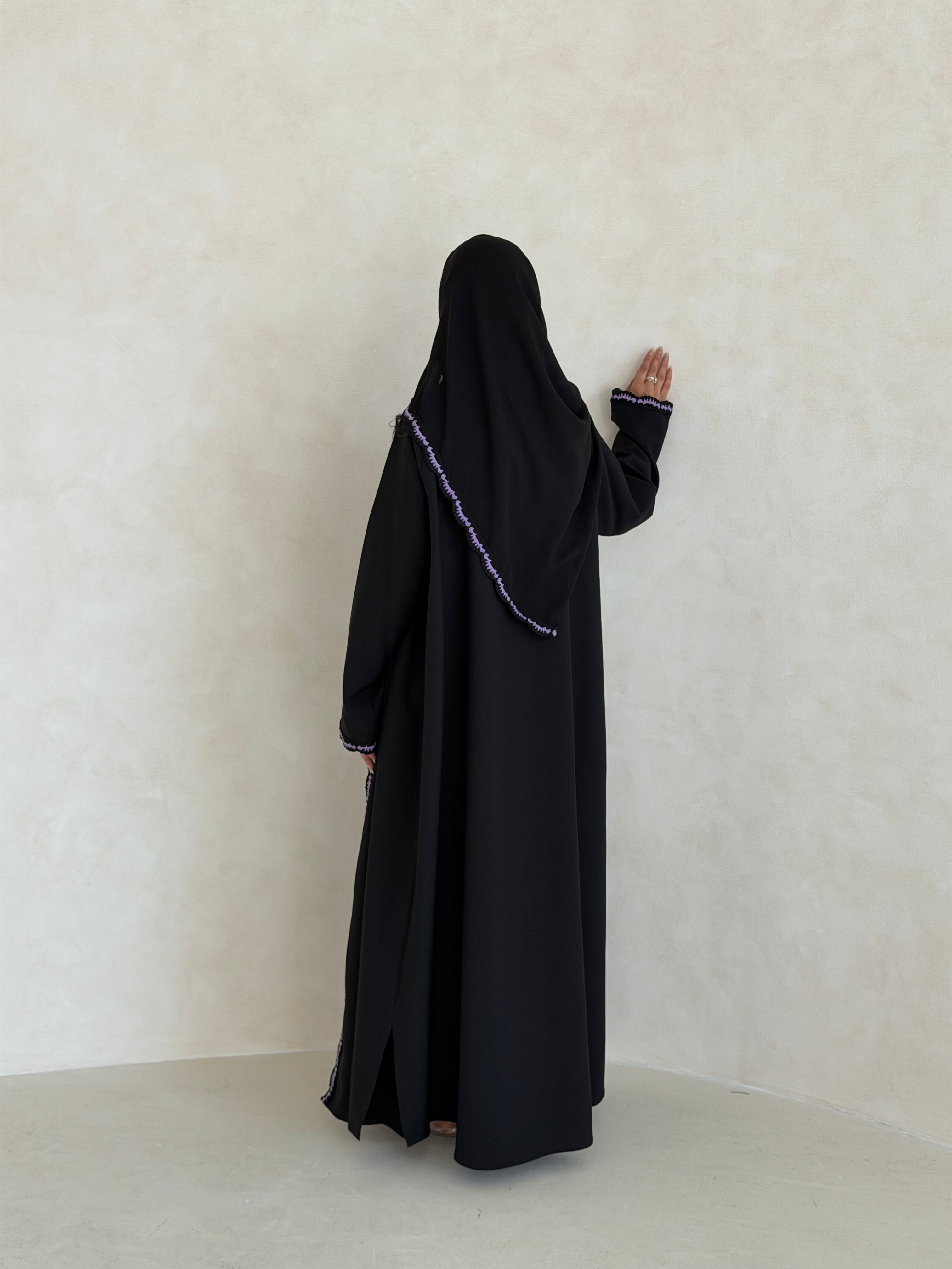 FAB348- Purple Crochet Black Crepe Klosh-Cut Abaya with Headscarf