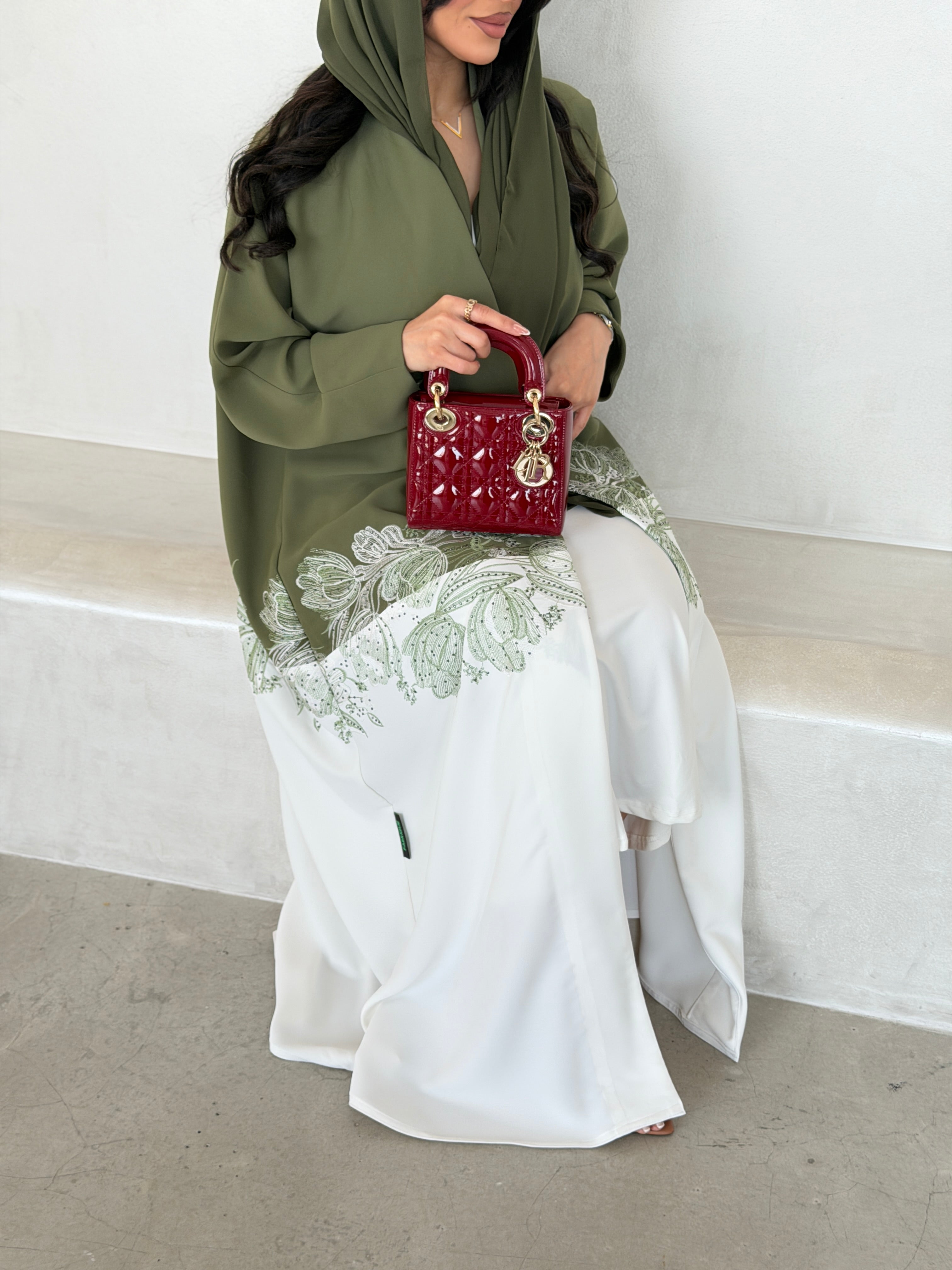 FAB294- Light Green & White Crepe Crystal Embroidered Abaya