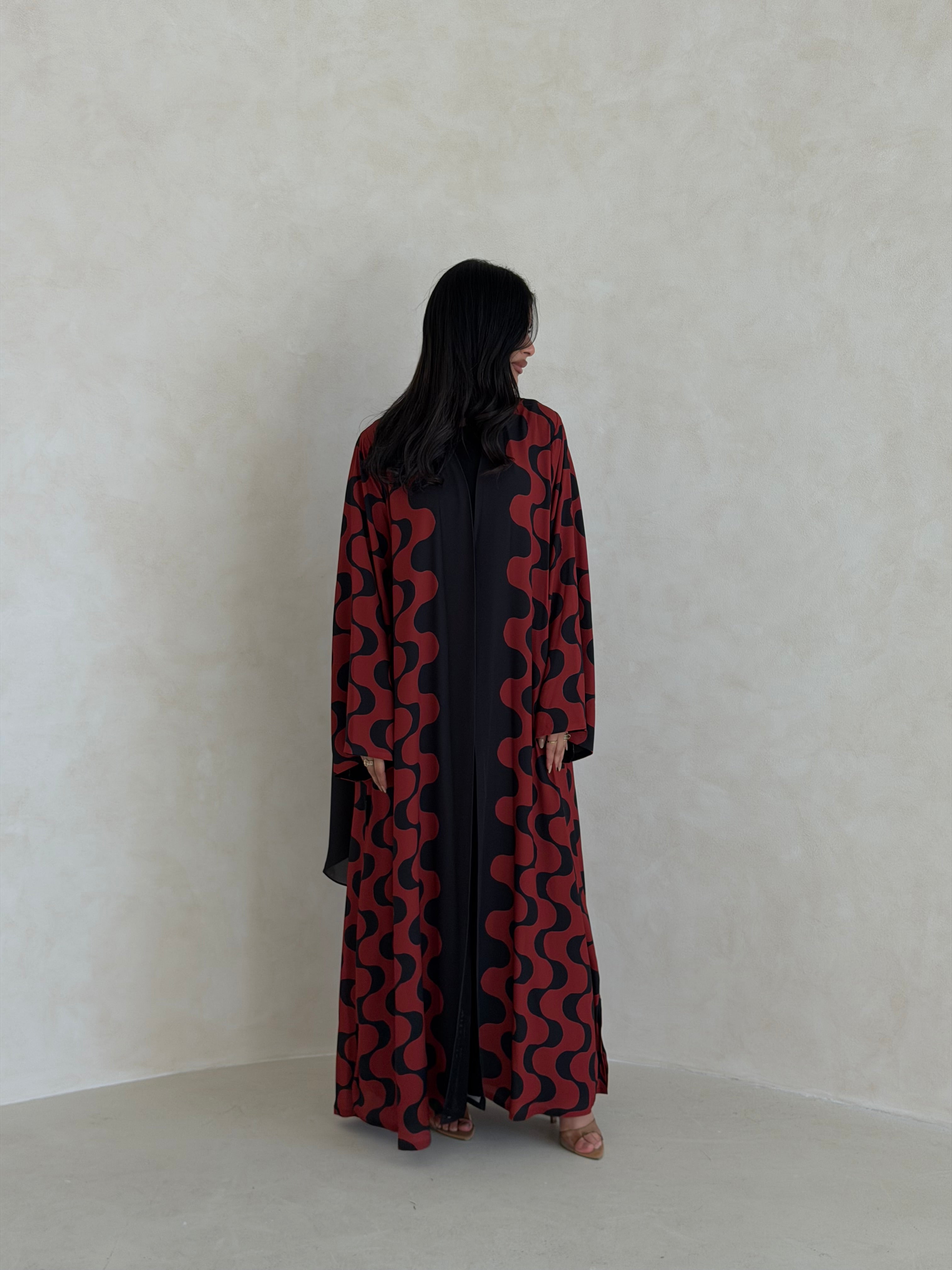 FAB345- Orange Red and Black Waves Printed Straight-Cut Abaya and matching headscarf