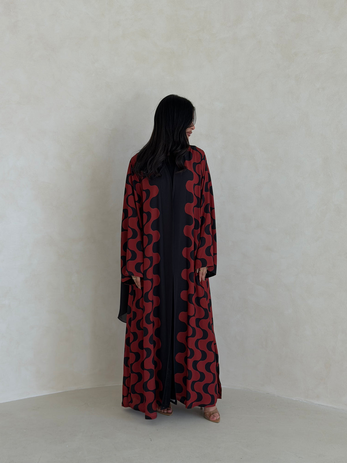 FAB345- Orange Red and Black Waves Printed Straight-Cut Abaya and matching headscarf