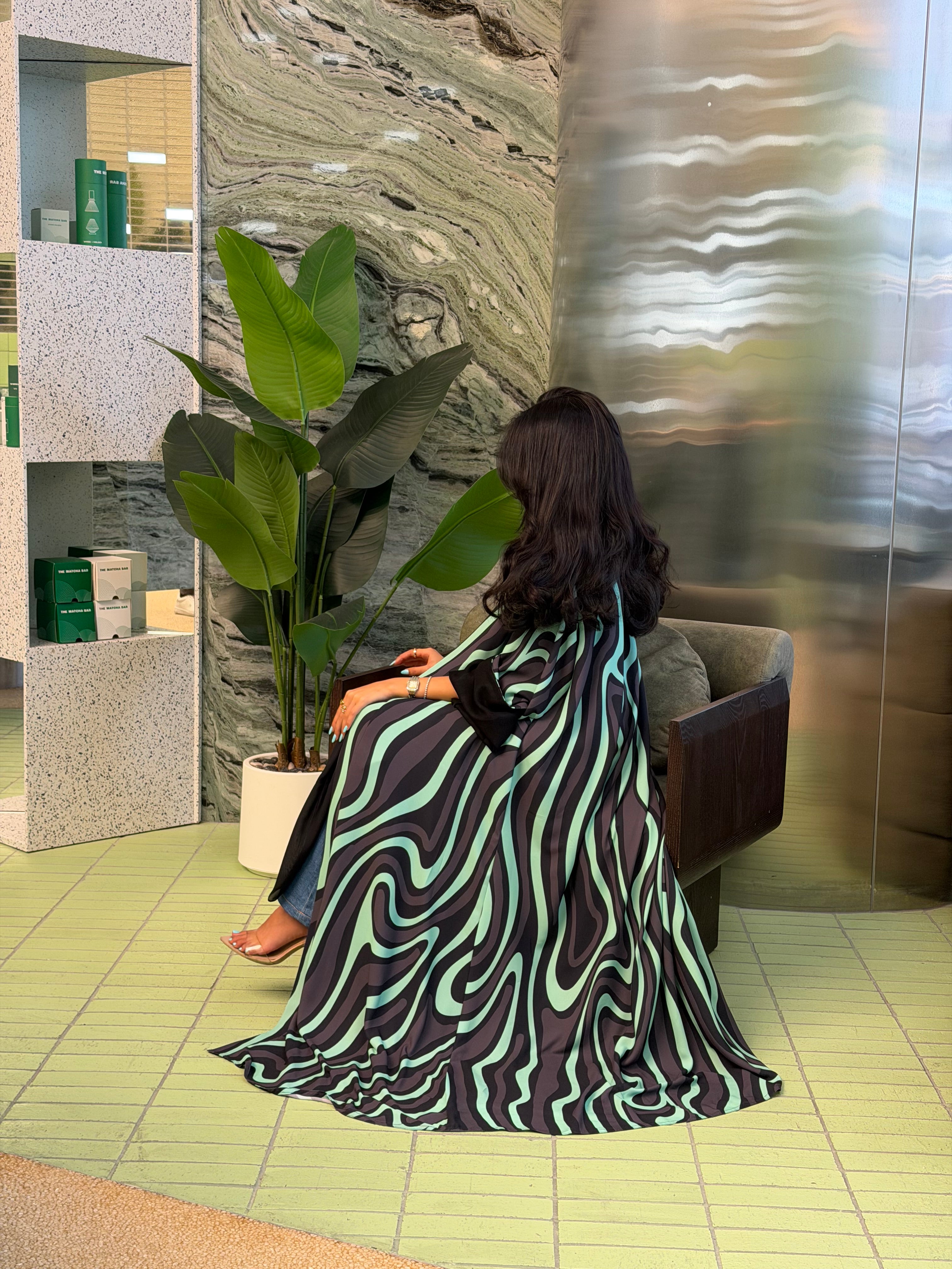 FAB323-Tiffany & Black Printed Abaya and Headscarf – Straight Cut