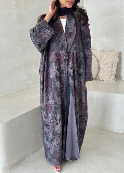 FAB199-Grey Pleats Half-Bisht Summer Abaya with matching headscarf