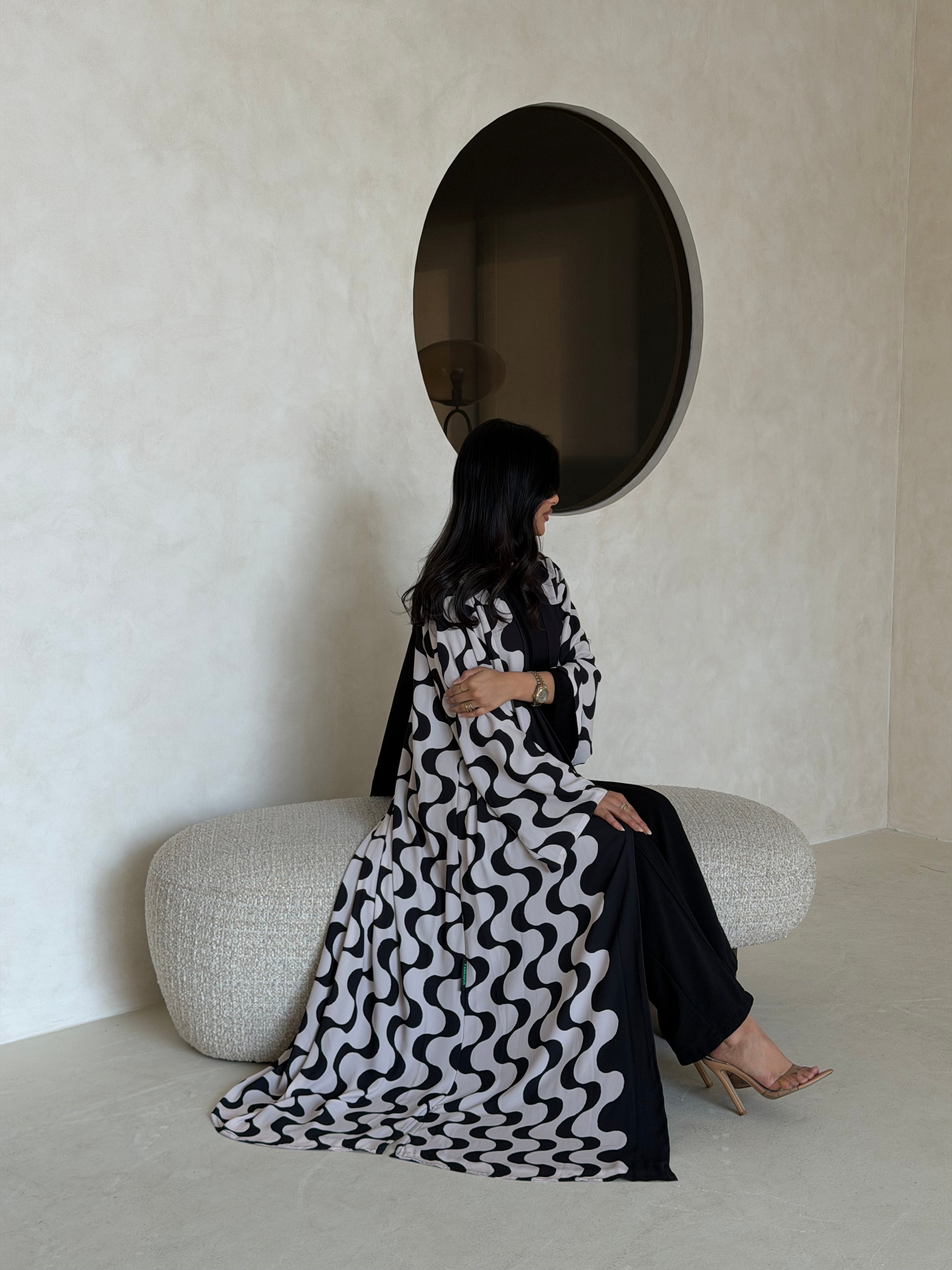 FAB344- White and Black Waves Printed Straight-Cut Abaya and matching headscarf
