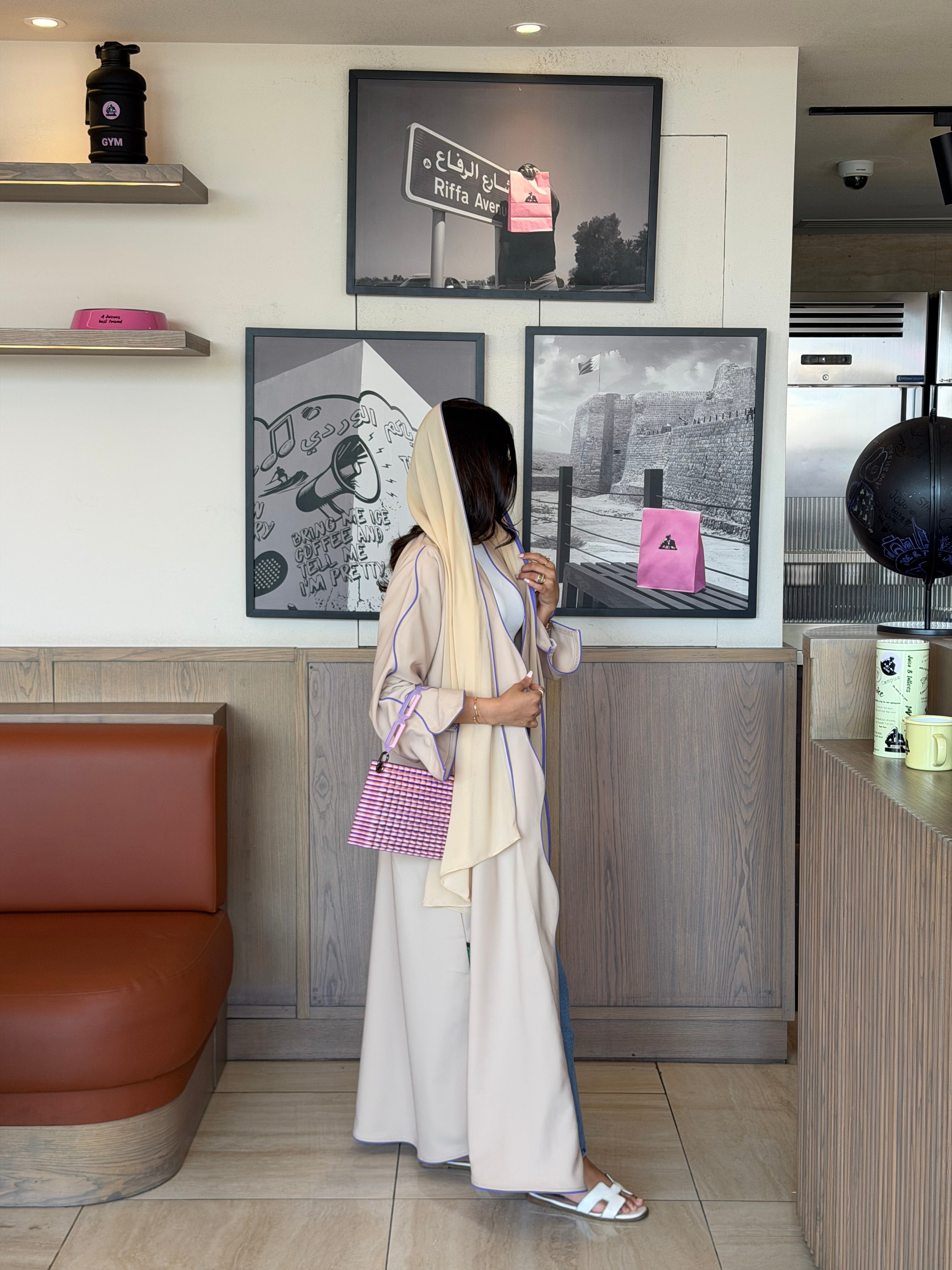 FAB318- Beige crepe swirl-cut abaya with purple piping abaya and headscarf