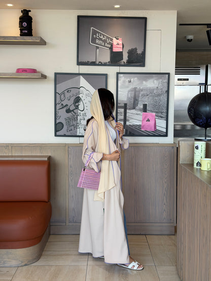 FAB318- Beige crepe swirl-cut abaya with purple piping abaya and headscarf