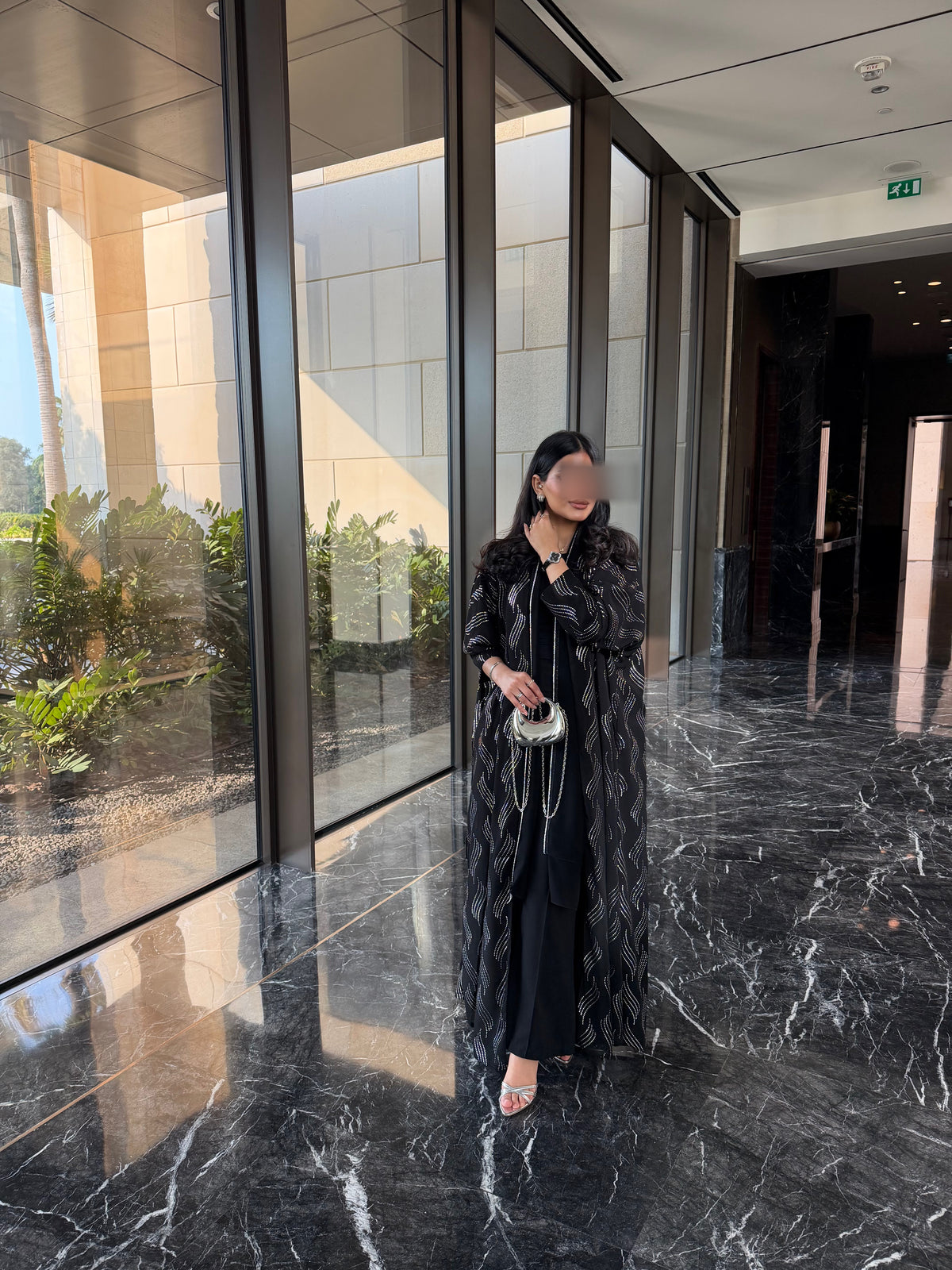 FAB339 – Elegant Black Chiffon Abaya with Silver Naqda Embroidery, Half-Bisht Cut & Matching Headscarf