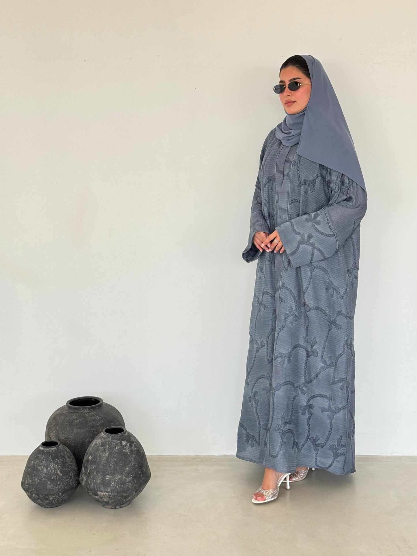 FAB218- Blue Ribbon Embroidery Linen Abaya with headscarf