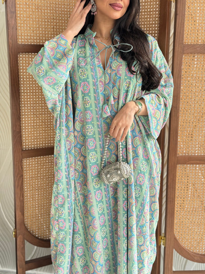 FAB279-Green free size colorful crystals chiffon jalabiya and tie-neck detail