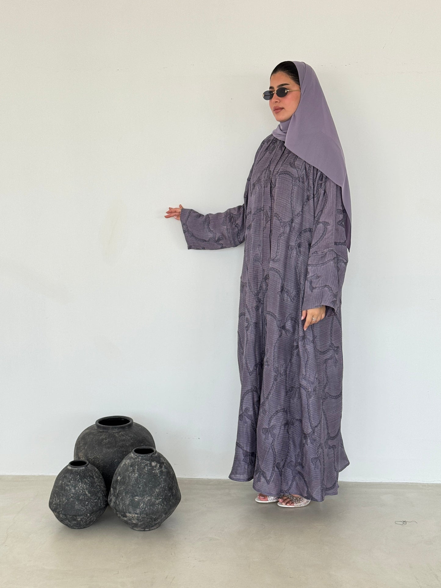 FAB219- Purple Ribbon Embroidery Linen Abaya with headscarf