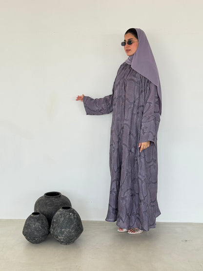 FAB219- Purple Ribbon Embroidery Linen Abaya with headscarf