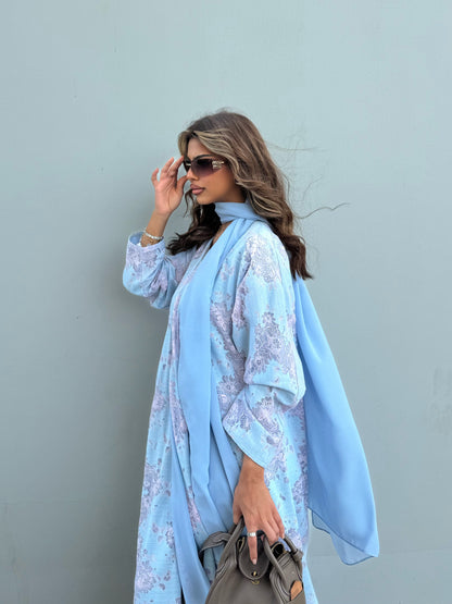 FAB299- Pink and Blue Lace and Linen Summer A-Cut Abaya