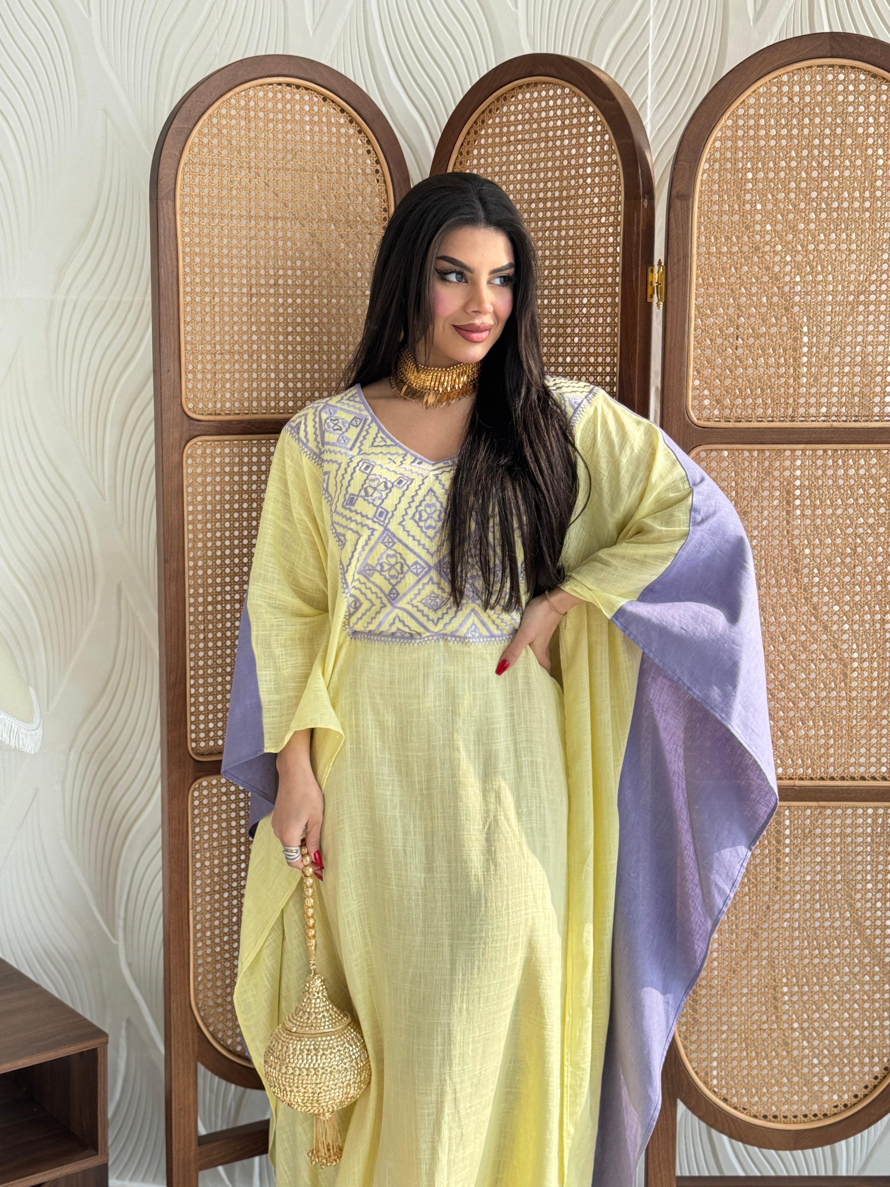 FAB255- Purple and Yellow Two-sided embroidered Linen butterfly cut jalabiya