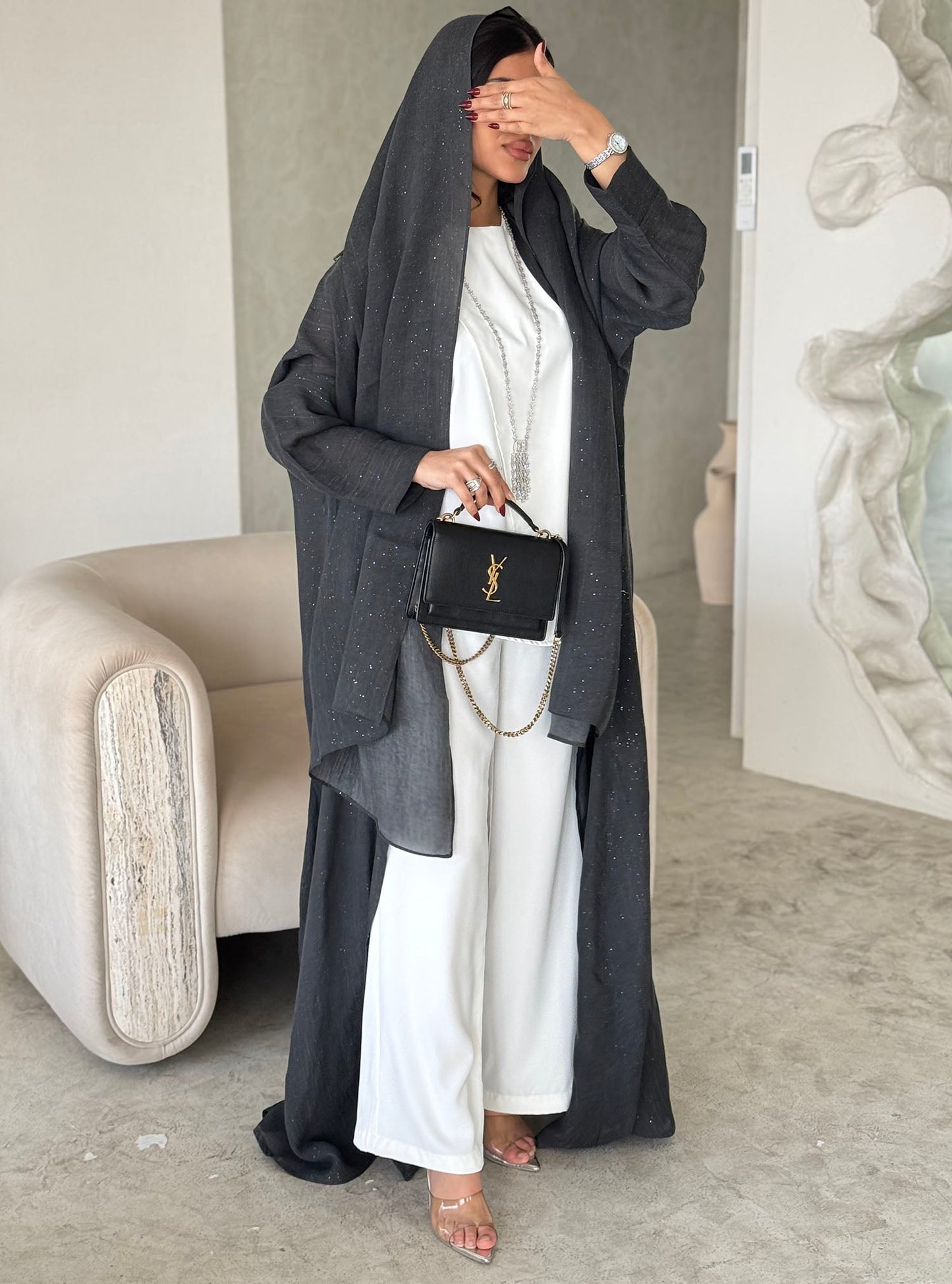 FAB169-Charcoal Black Glitter Linen A-Cut Abaya Set