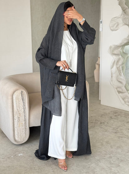 FAB169-Charcoal Black Glitter Linen A-Cut Abaya Set