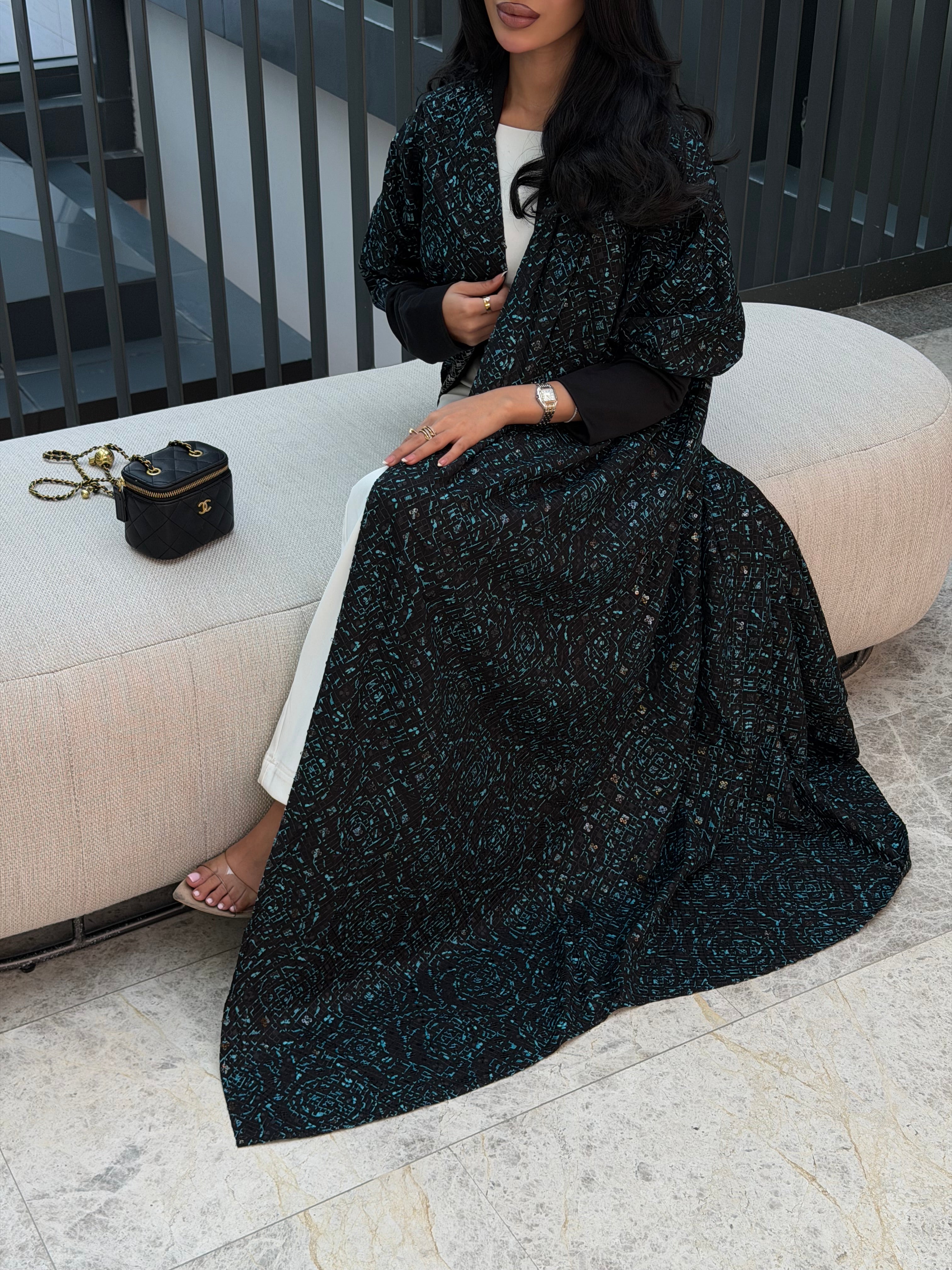 FAB341-Black Green Embroidery Half-Bisht Cut Abaya with Fitted Black Stretch Sleeves and matching headscarf
